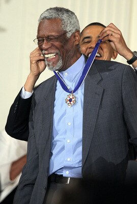 WASHINGTON, DC - FEBRUARY 15:  Former Boston Celtics captain Bill Russell (L) is presented with the 2010 Medal of Freedom by U.S. President Barack Obama during an East Room event at the White House February 15, 2011 in Washington, DC. Obama presented the