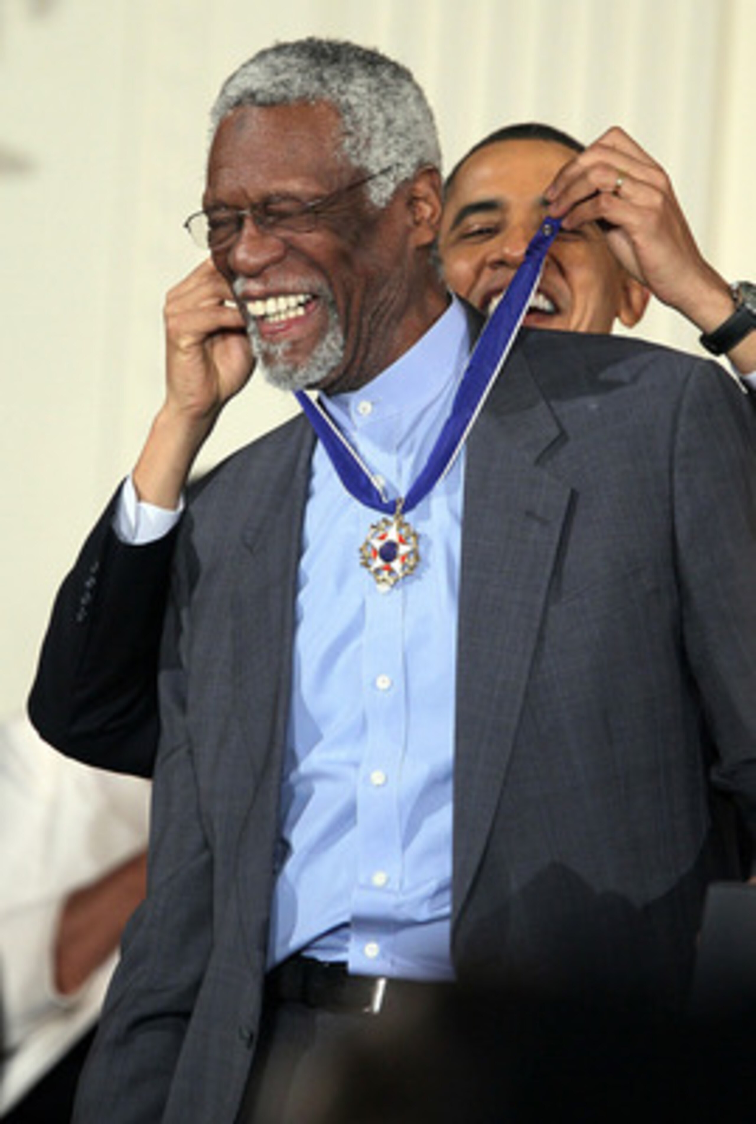 WASHINGTON, DC - FEBRUARY 15:  Former Boston Celtics captain Bill Russell (L) is presented with the 2010 Medal of Freedom by U.S. President Barack Obama during an East Room event at the White House February 15, 2011 in Washington, DC. Obama presented the
