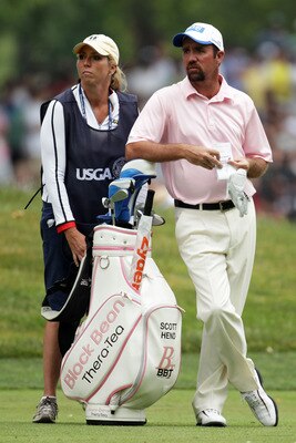 BETHESDA, MD - JUNE 16:  Scott Hend of Australia waits with his caddie Judith Coleman during the first round of the 111th U.S. Open at Congressional Country Club on June 16, 2011 in Bethesda, Maryland.  (Photo by Ross Kinnaird/Getty Images)