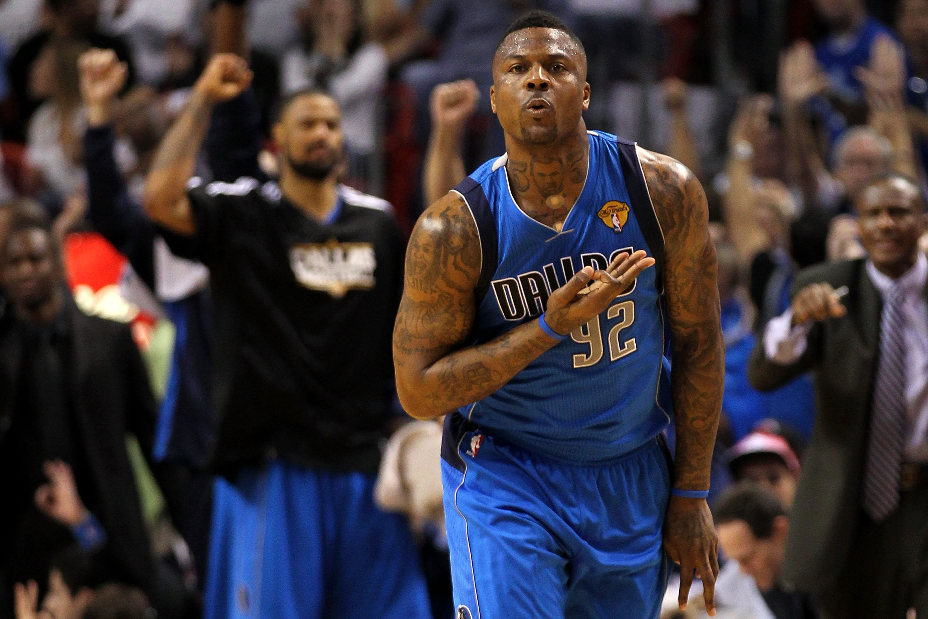 MIAMI, FL - JUNE 12:  DeShawn Stevenson #92 of the Dallas Mavericks celebrates after he made a 3-point shot in the first half against the Dallas Mavericks in Game Six of the 2011 NBA Finals at American Airlines Arena on June 12, 2011 in Miami, Florida. NO