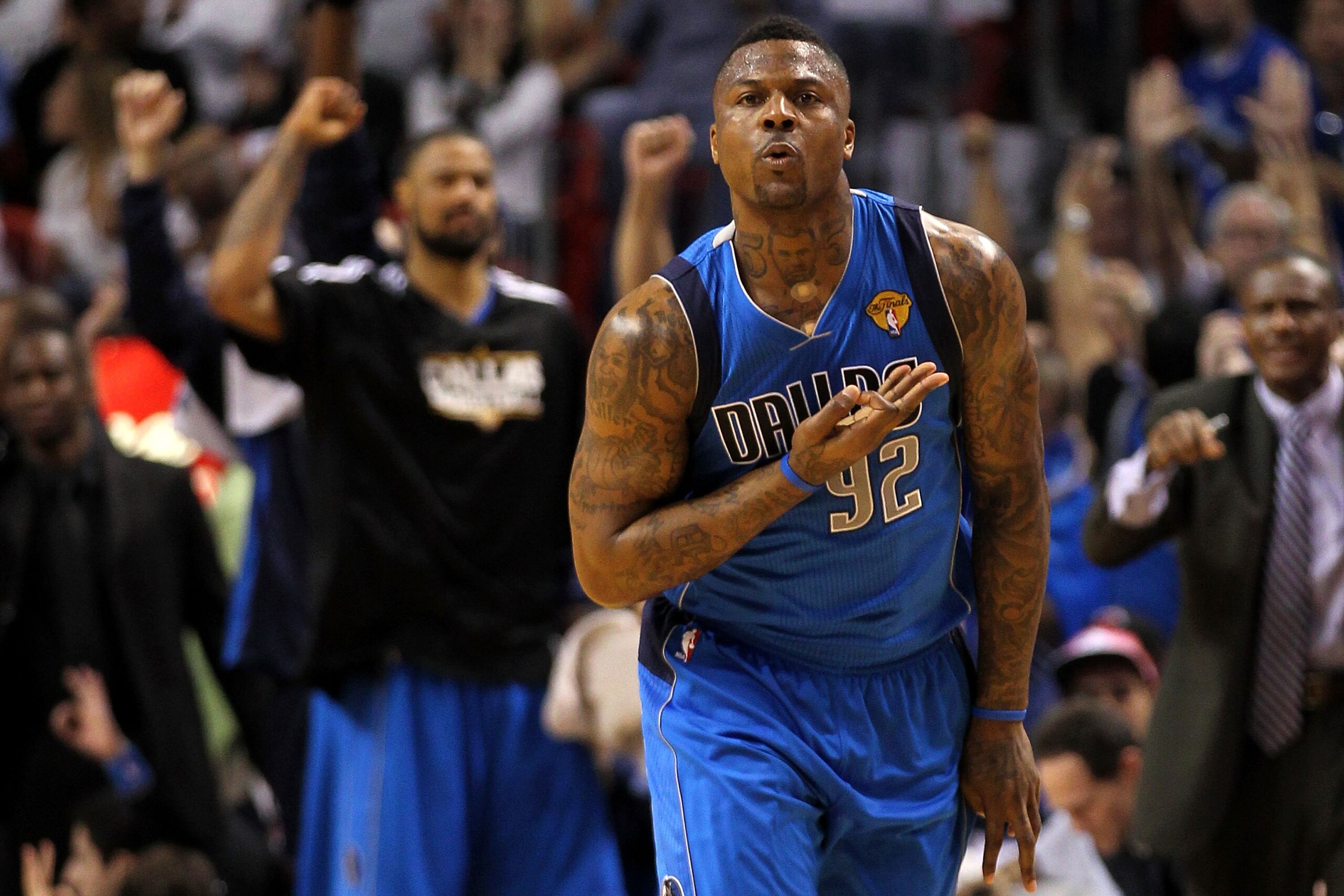 MIAMI, FL - JUNE 12:  DeShawn Stevenson #92 of the Dallas Mavericks celebrates after he made a 3-point shot in the first half against the Dallas Mavericks in Game Six of the 2011 NBA Finals at American Airlines Arena on June 12, 2011 in Miami, Florida. NO