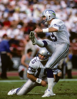 LOS ANGELES, CA - OCTOBER 25:  Kicker Norm Johnson #9 of the Seattle Seahawks follows attempts a field goal during the game against the Los Angeles Raiders at Los Angeles Memorial Coliseum on October 25, 1987 in Los Angeles, California.  The Seahawks won