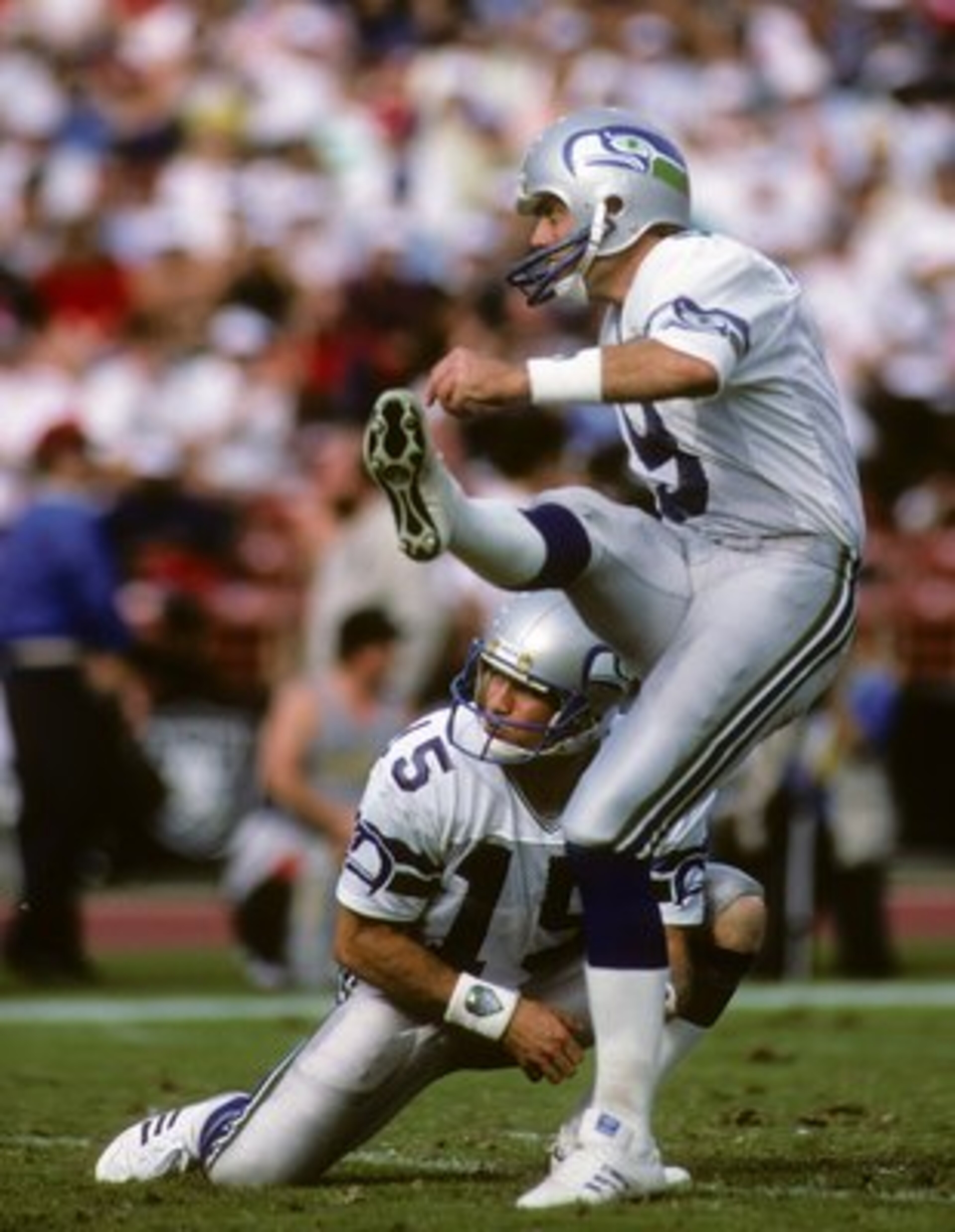LOS ANGELES, CA - OCTOBER 25:  Kicker Norm Johnson #9 of the Seattle Seahawks follows attempts a field goal during the game against the Los Angeles Raiders at Los Angeles Memorial Coliseum on October 25, 1987 in Los Angeles, California.  The Seahawks won