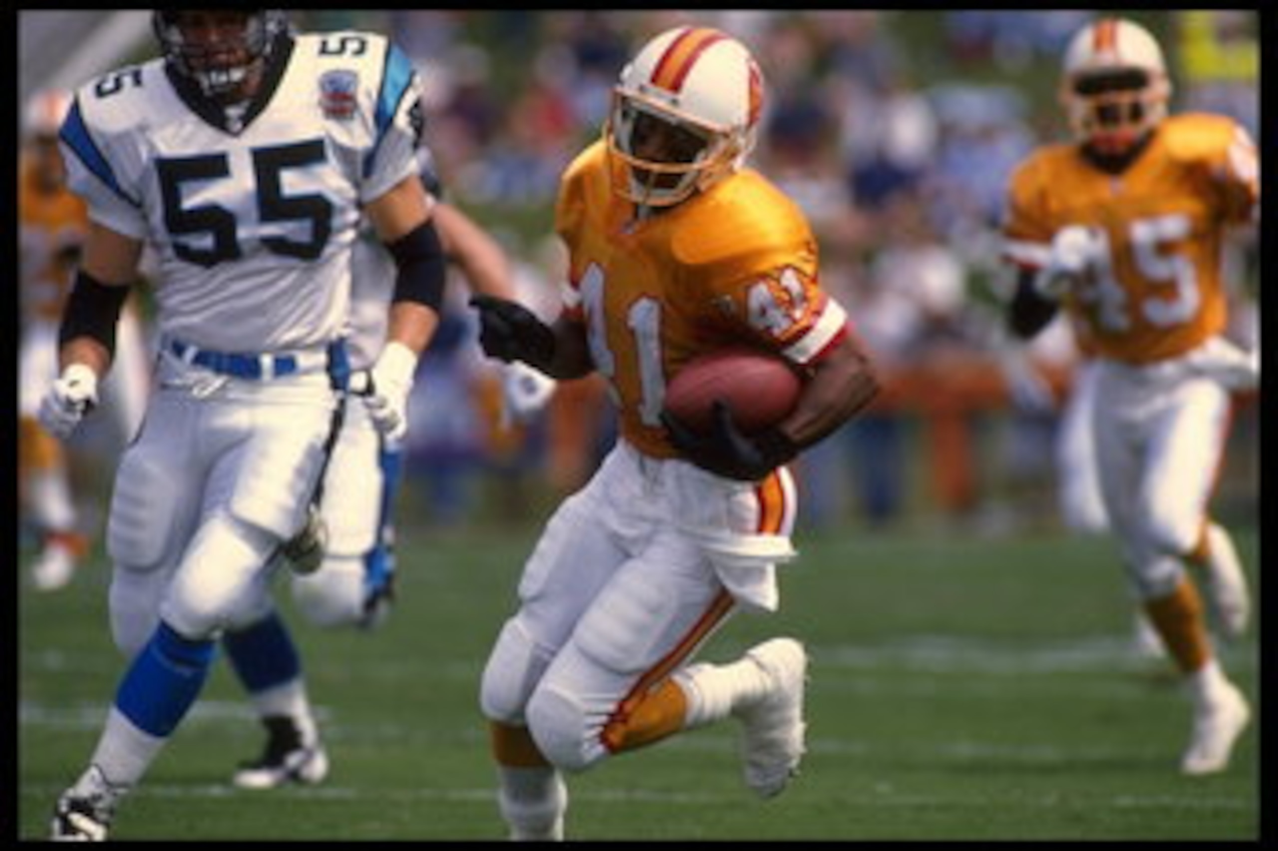 Bobby Joe Edmonds #41 of the of the Tampa Bay Buccaneers looks up field as he runs with the ball during a carry in the Buccaneers 20-13 victory over the Carolina Panthers at Memorial Stadium in Clemson, South Carolina. Bobby Joe Edmonds #41 of the of the Tampa Bay Buccaneers looks up field as he runs with the ball during a carry in the Buccaneers 20-13 victory over the Carolina Panthers at Memorial Stadium in Clemson, South Carolina.