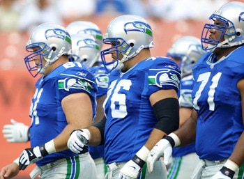 9 Sep 2001:  Steve Hutchinson #76 of the Seattle Seahawks approaches the line of scrimmage with his  teammates during the game against the Cleveland Browns at Cleveland Browns Stadium in Cleveland, Ohio.  The Seahawks won 9-6.  DIGITAL IMAGE  Mandatory Cr