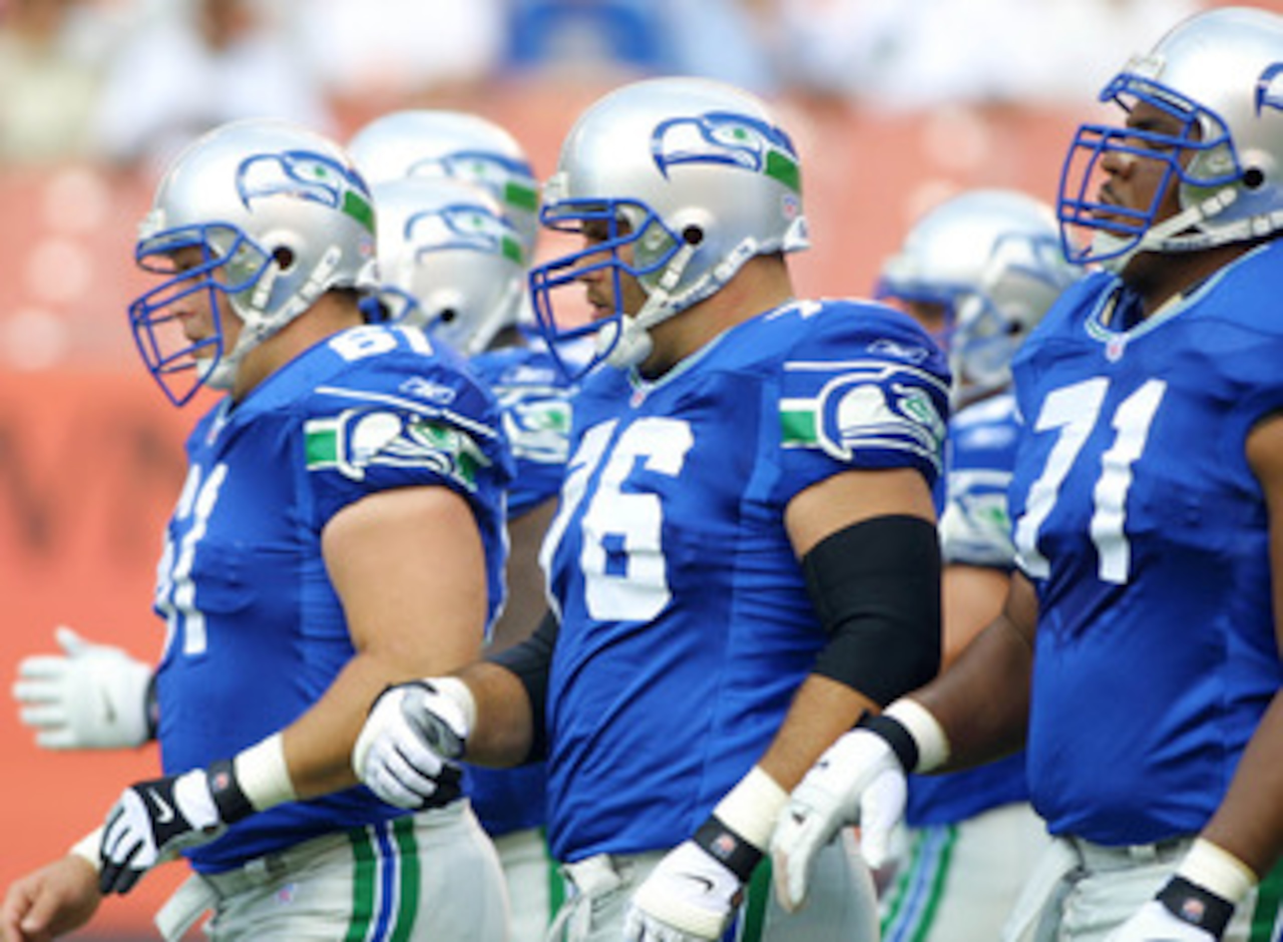 9 Sep 2001: Steve Hutchinson #76 of the Seattle Seahawks approaches the line of scrimmage with his teammates during the game against the Cleveland Browns at Cleveland Browns Stadium in Cleveland, Ohio. The Seahawks won 9-6. DIGITAL IMAGE Mandatory Cr 9 Sep 2001: Steve Hutchinson #76 of the Seattle Seahawks approaches the line of scrimmage with his teammates during the game against the Cleveland Browns at Cleveland Browns Stadium in Cleveland, Ohio. The Seahawks won 9-6. DIGITAL IMAGE Mandatory Cr
