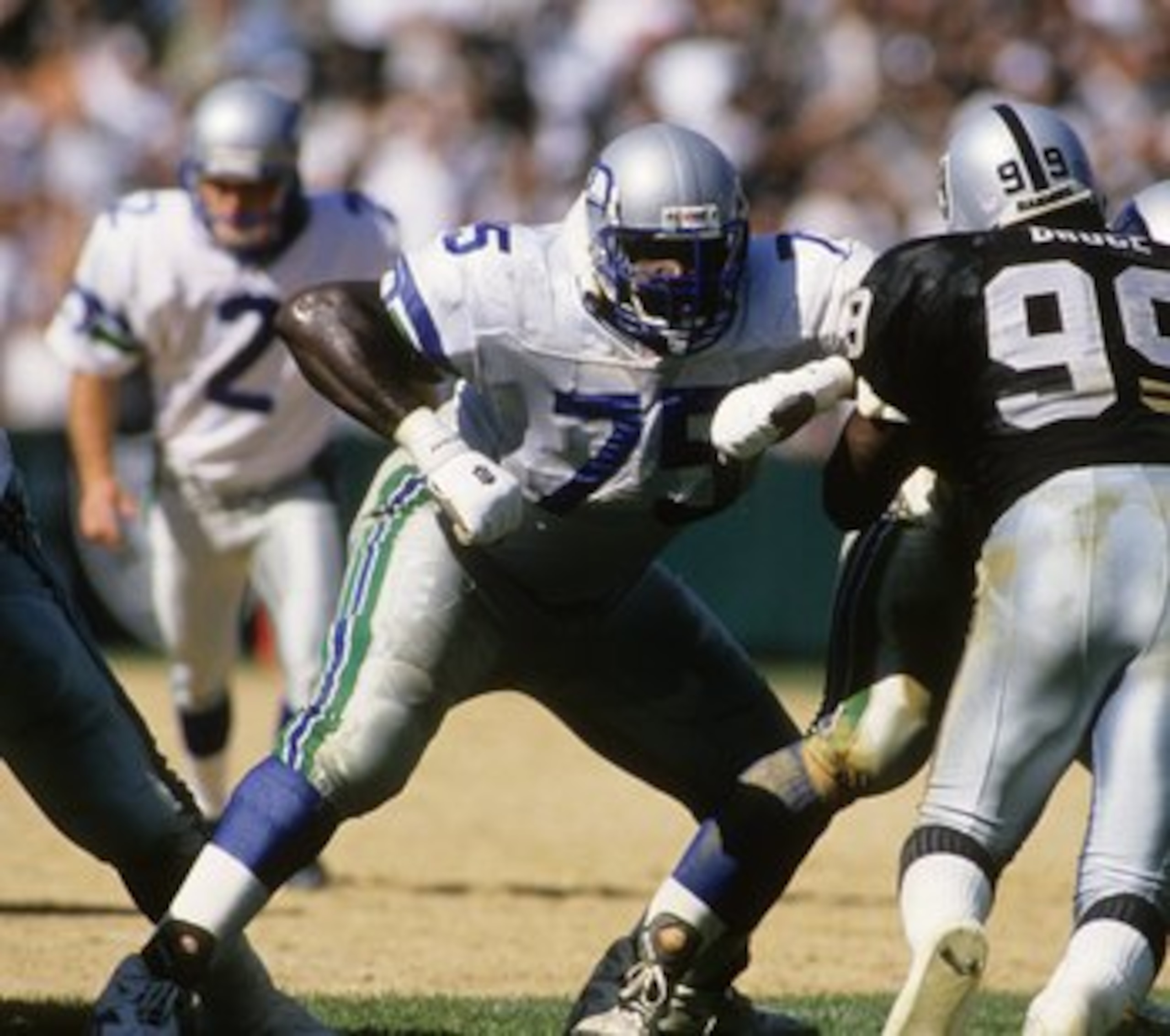 OAKLAND, CA - OCTOBER 8: Howard Ballard #75 of the Seattle Seahawks blocks for a field goal attempt during the game against the Oakland Raiders at Oakland-Alameda County Coliseum on October 8, 1995 in Oakland, California. The Raiders won 34-14. (Photo b OAKLAND, CA - OCTOBER 8: Howard Ballard #75 of the Seattle Seahawks blocks for a field goal attempt during the game against the Oakland Raiders at Oakland-Alameda County Coliseum on October 8, 1995 in Oakland, California. The Raiders won 34-14. (Photo b