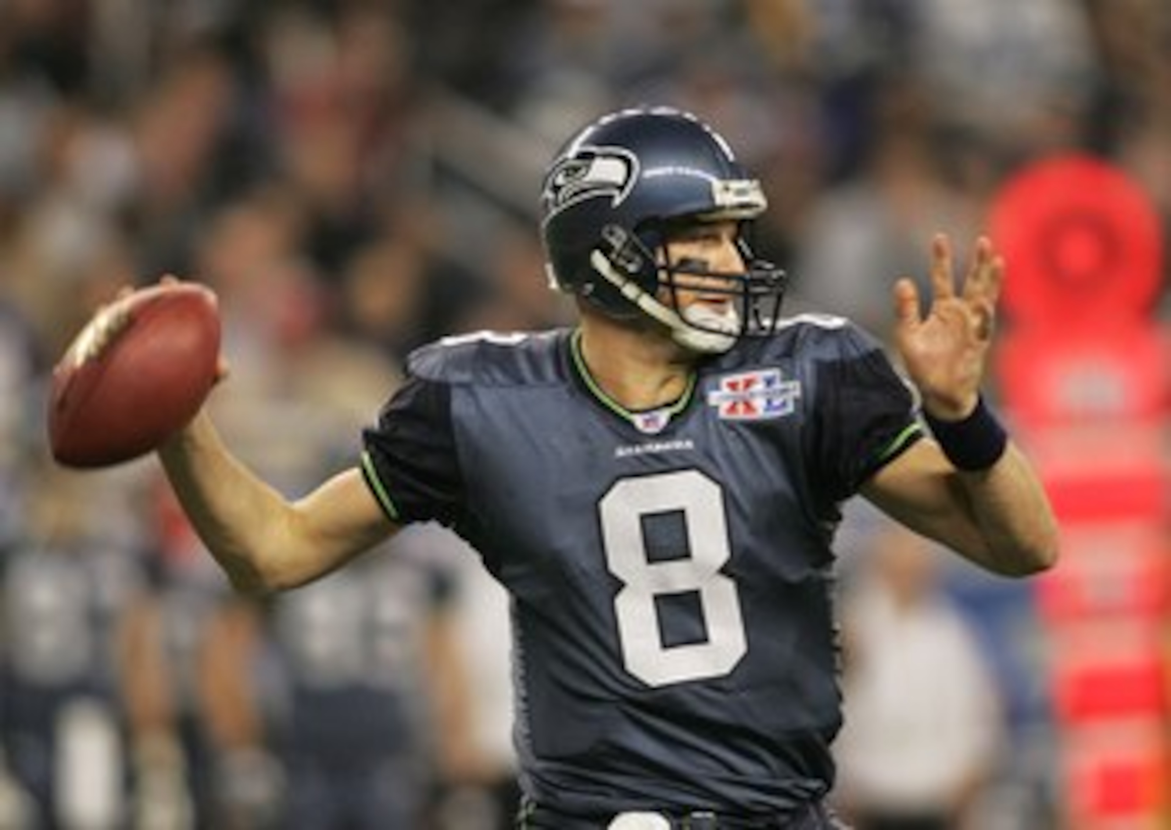 DETROIT - FEBRUARY 05:  Quarterback Matt Hasselbeck #8 of the Seattle Seahawks throws a pass in the third quarter against the Pittsburgh Steelers in Super Bowl XL at Ford Field on February 5, 2006 in Detroit, Michigan.  (Photo by Jonathan Ferrey/Getty Ima