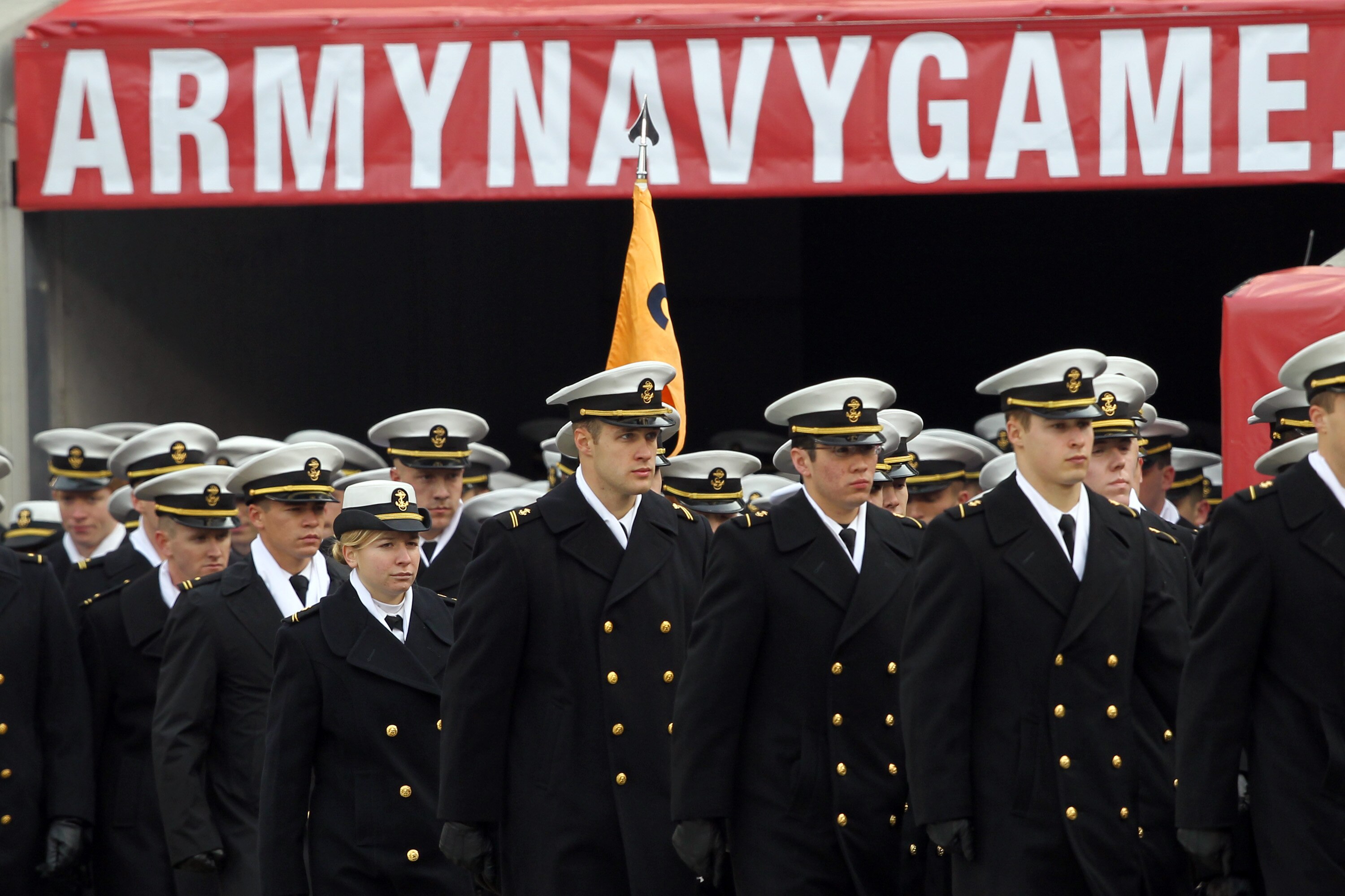 PHILADELPHIA - DECEMBER 11: The Navy Midshipmen march onto the field before the game against the Army Black Knights on December 11, 2010 at Lincoln Financial Field in Philadelphia, Pennsylvania. (Photo by Hunter Martin/Getty Images)
