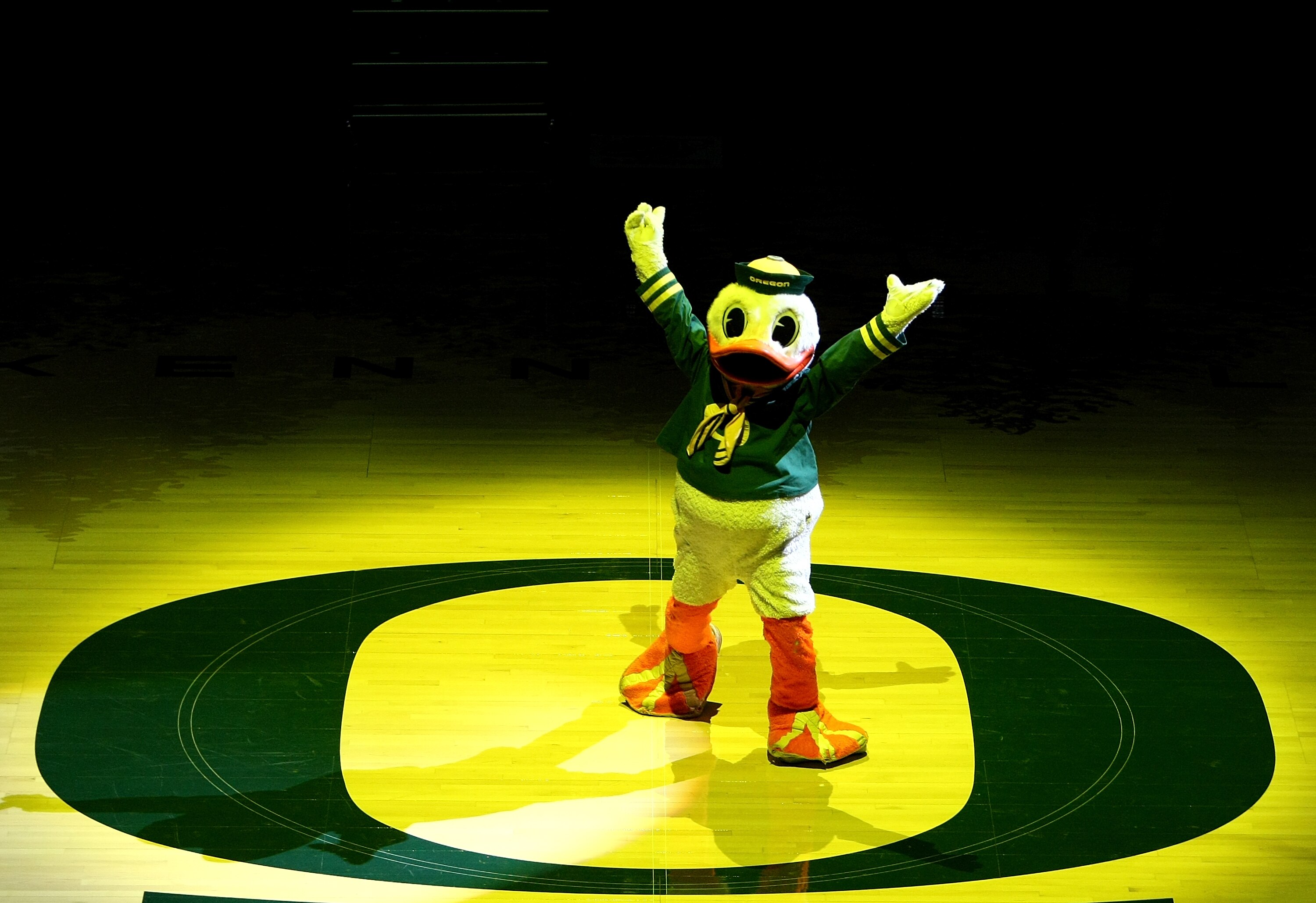 EUGENE, OR - JANUARY 13:  Puddles, the mascot, takes part in the opening ceremony beofre the Oregon Ducks versus the USC Trojans game at the grand opening of the Matthew Knight Arena on January 13, 2011 at Matthew Knight Arena in Eugene, Oregon.  (Photo b