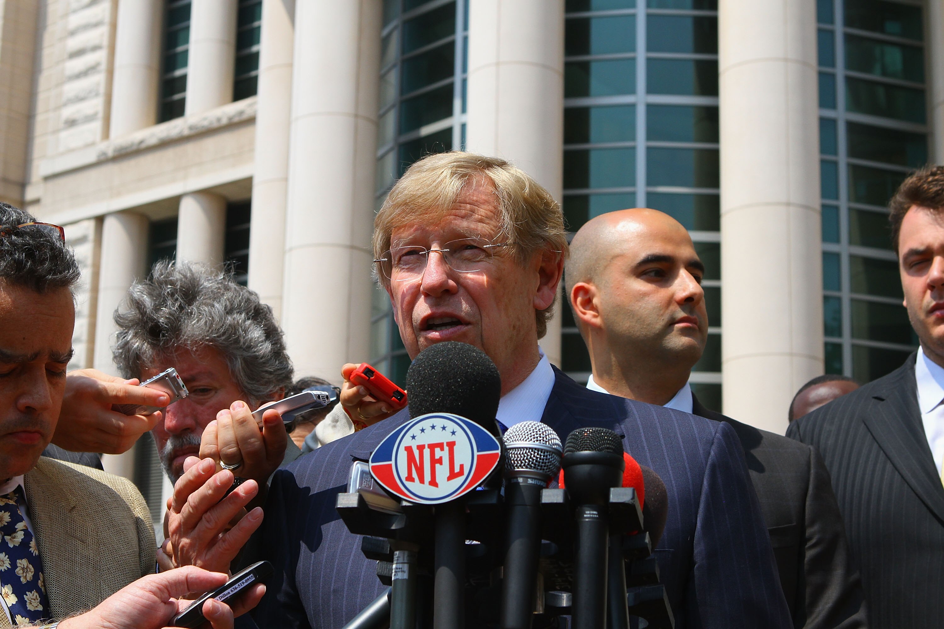 ST. LOUIS, MO - JUNE 3: Theodore Olson, lawyer for the National Football League Players Association (NFLPA), addresses the media outside the Thomas F. Eagleton U.S. Federal Courthouse after the NFL lockout hearing on June 3, 2011 in St. Louis, Missouri. N