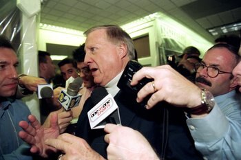 27 Oct 1999: Owner George Steinbrenner of the New York Yankees talks to reporters after winning the World Series Game four against the Atlanta Braves at Yankee Stadium in the Bronx, New York. The Yankees defeated the Braves 4-1.
