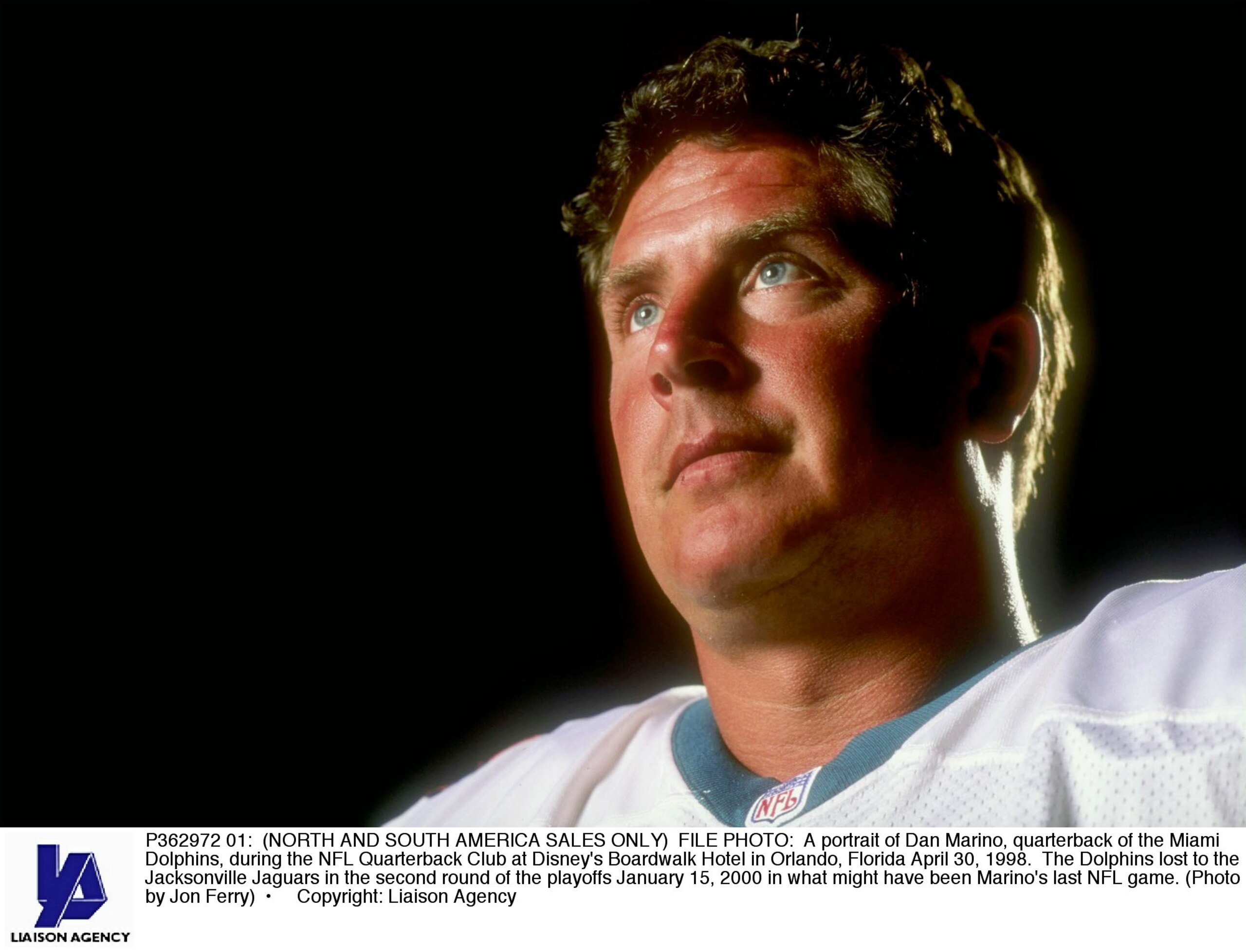 P362972 01: (NORTH AND SOUTH AMERICA SALES ONLY) FILE PHOTO: A portrait of Dan Marino, quarterback of the Miami Dolphins, during the NFL Quarterback Club at Disney's Boardwalk Hotel in Orlando, Florida April 30, 1998. The Dolphins lost to the Jacksonville