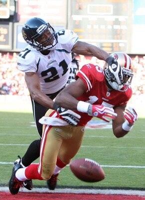 SAN FRANCISCO - NOVEMBER 29:  Derek Cox #21 of the Jacksonville Jaguars breaks up a pass intended for Michael Crabtree #15 of the San Francisco 49ers during the third quarter at Candlestick Park on November 29, 2009 in San Francisco, California. The 49ers