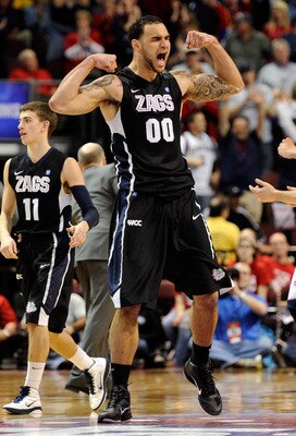 LAS VEGAS, NV - MARCH 07:  Robert Sacre #00 of the Gonzaga Bulldogs celebrates late in the team's 75-63 victory over the Saint Mary's Gaels in the championship game of the Zappos.com West Coast Conference Basketball tournament at the Orleans Arena March 7