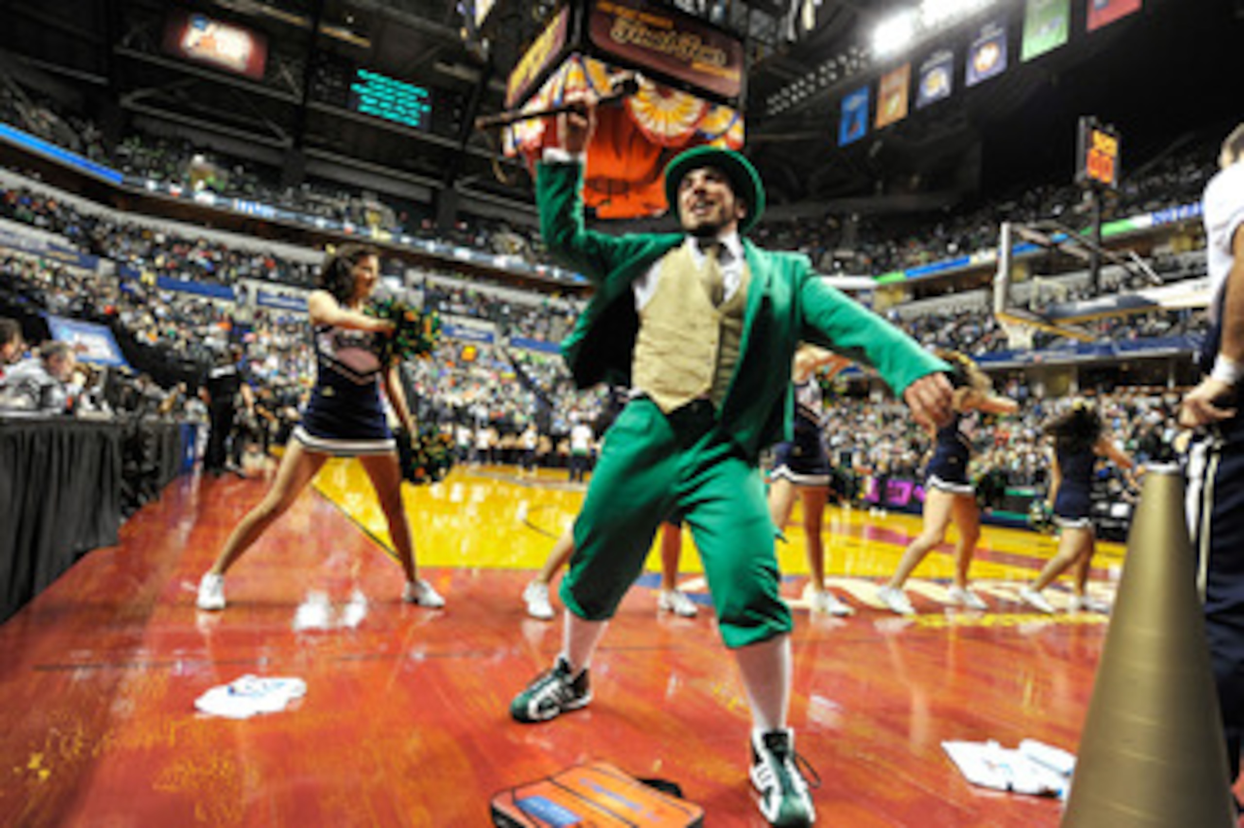 INDIANAPOLIS, IN - APRIL 5: The Notre Dame Fighting Irish mascot fires up the crowd before the 2011 NCAA Women's Final Four championship game against the Texas A&M Aggies at Conseco Fieldhouse on April 5, 2011 in Indianapolis, Indiana. (Photo by Jamie S INDIANAPOLIS, IN - APRIL 5: The Notre Dame Fighting Irish mascot fires up the crowd before the 2011 NCAA Women's Final Four championship game against the Texas A&M Aggies at Conseco Fieldhouse on April 5, 2011 in Indianapolis, Indiana. (Photo by Jamie S