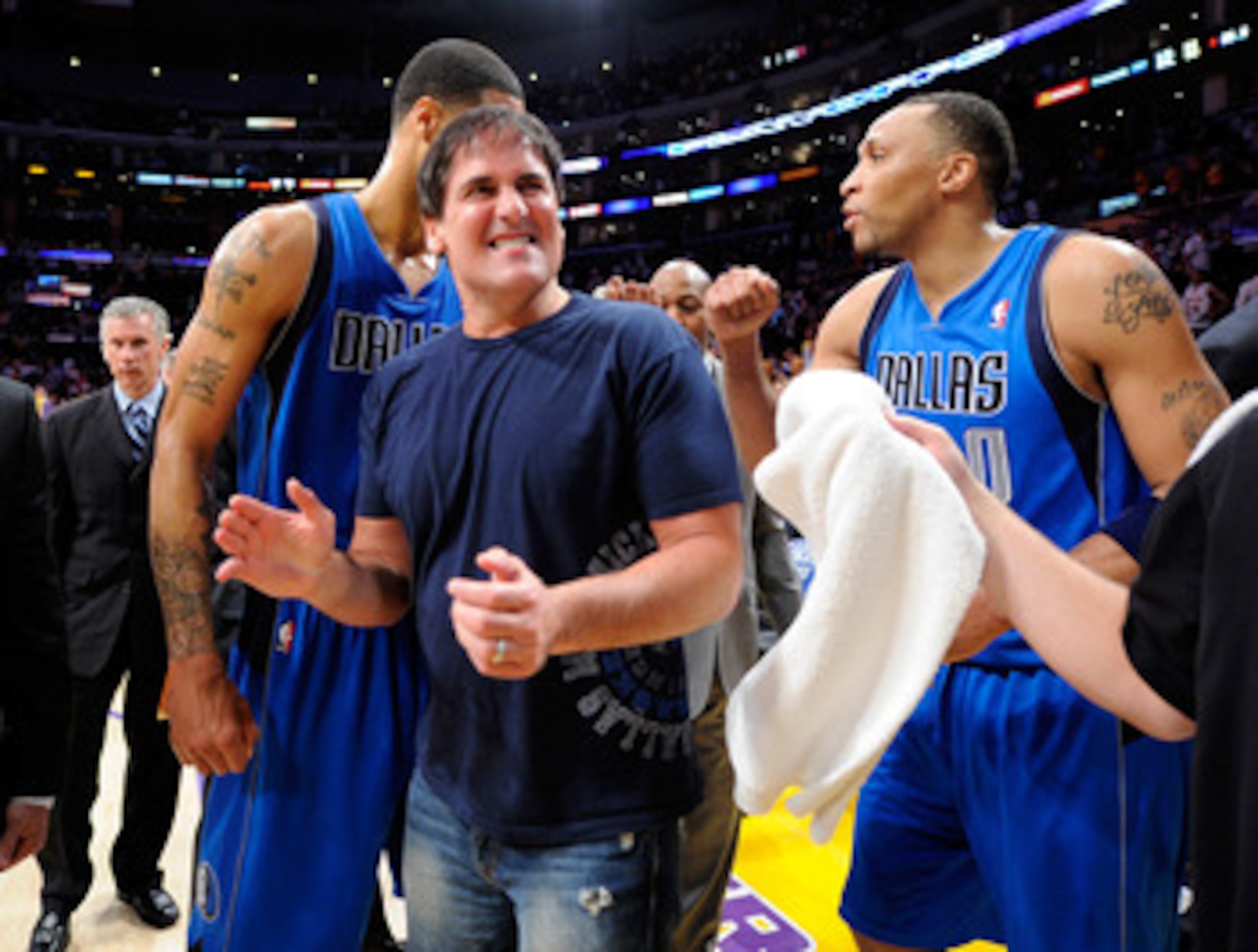 LOS ANGELES, CA - MAY 04:  Owner Mark Cuban of the Dallas Mavericks celebrates with Tyson Chandler #6 and Shawn Marion #0 after the Mavericks 93-81 victory against the Los Angeles Lakers in Game Two of the Western Conference Semifinals in the 2011 NBA Pla