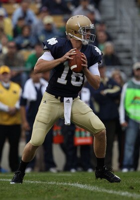 SOUTH BEND, IN - SEPTEMBER 11: Nate Montana #16 of the Notre Dame Fighting Irish looks for a receiver against the Michigan Wolverines at Notre Dame Stadium on September 11, 2010 in South Bend, Indiana. Michigan defeated Notre Dame 28-24.  (Photo by Jonath