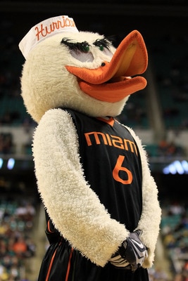 GREENSBORO, NC - MARCH 10:  Sebastian the Ibis, the mascot for the University of Miami, performs during the game between the Miami Hurricanes and the Virginia Cavaliers during the first round of the 2011 ACC men's basketball tournament at the Greensboro C