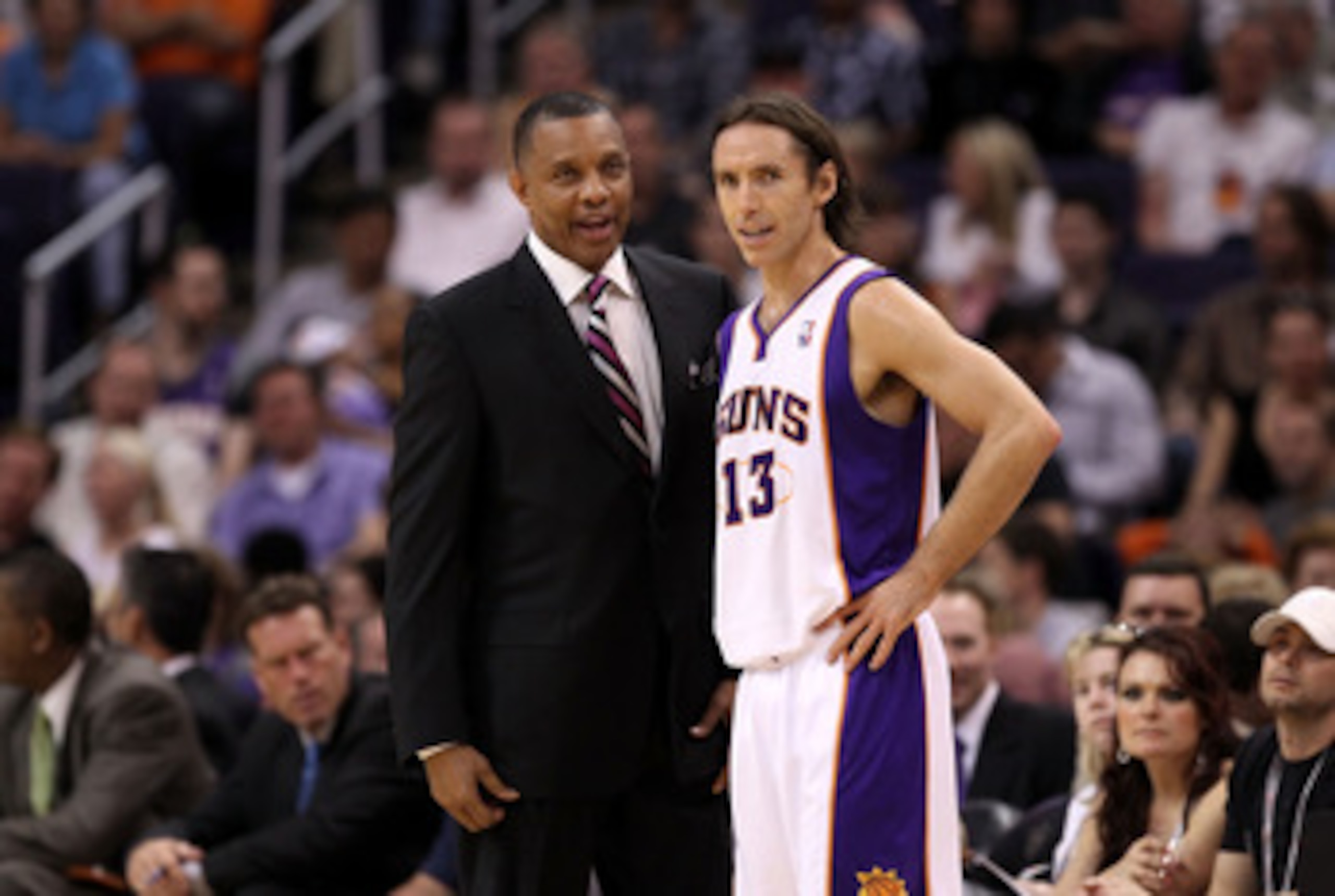 PHOENIX, AZ - APRIL 13:  Head coach Alvin Gentry and Steve Nash #13 of the Phoenix Suns talk during the NBA game against the San Antonio Spurs at US Airways Center on April 13, 2011 in Phoenix, Arizona.  NOTE TO USER: User expressly acknowledges and agree