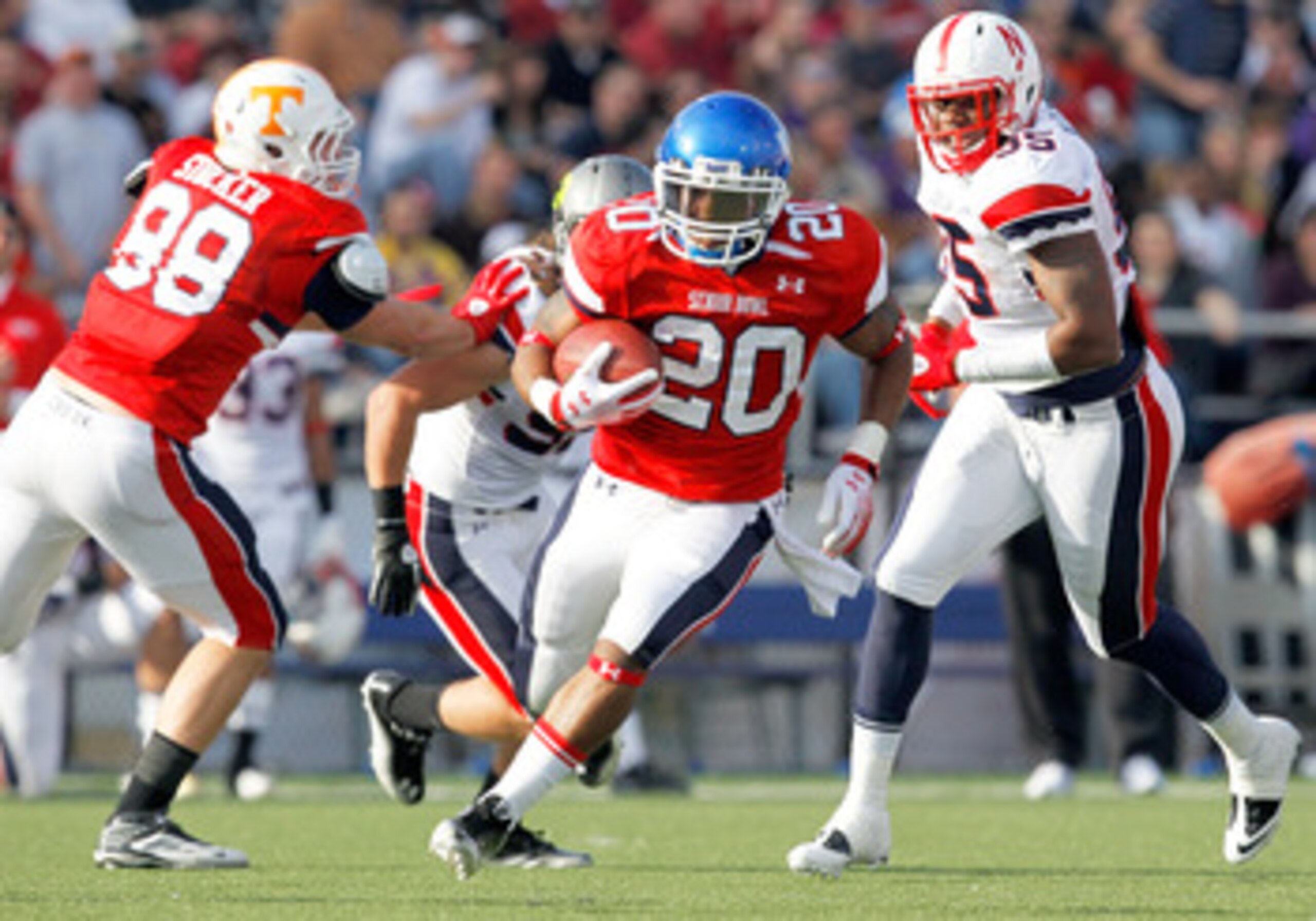 MOBILE, AL - JANUARY 29: Running back Derrick Locke #20 of the South Team runs for a fist down against the North Team during the second quarter of the Under Armour Senior Bowl January 29, 2011 at Ladd Peebles Stadium in Mobile, Alabama.  (Photo by Sean Ga