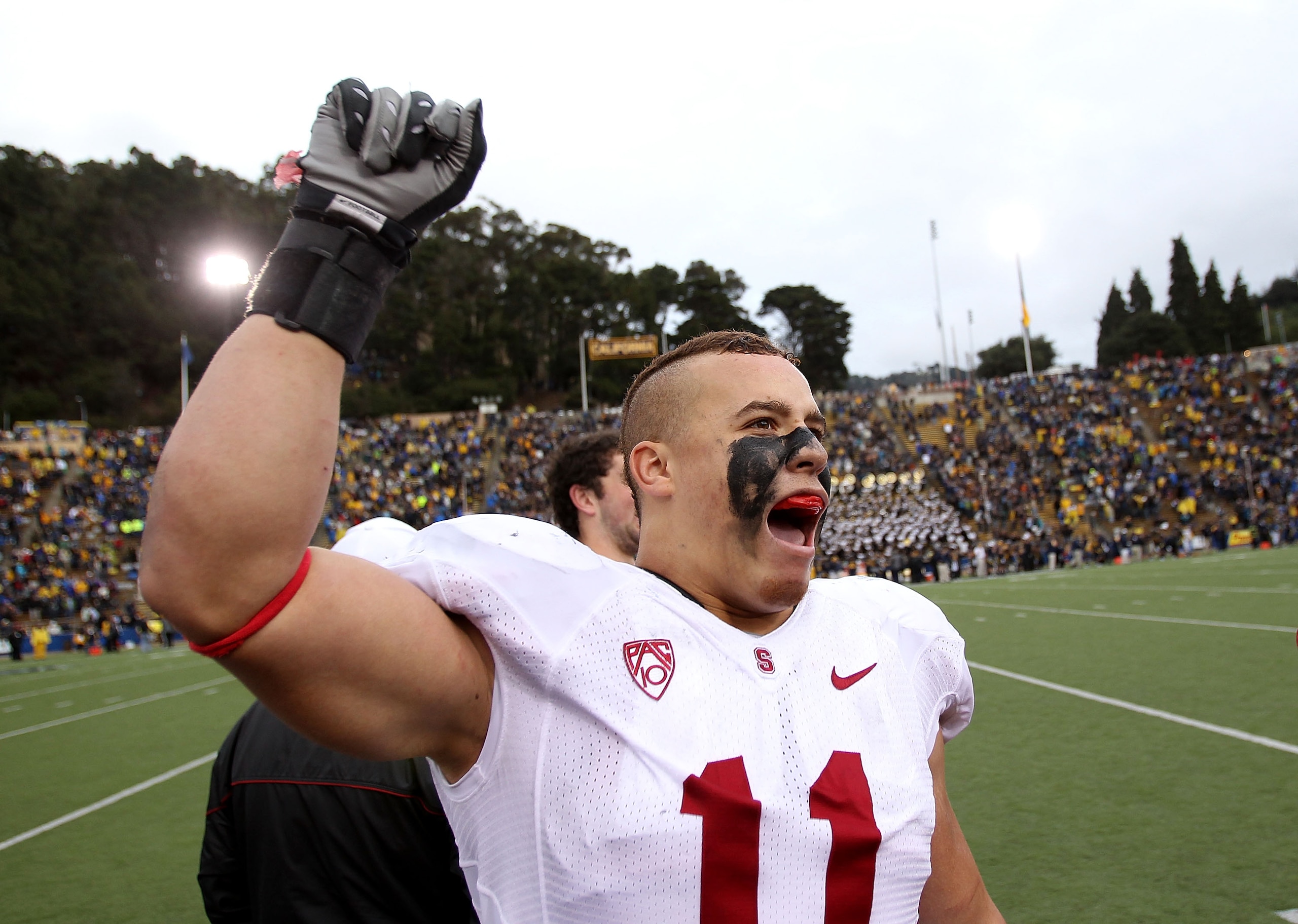 BERKELEY, CA - NOVEMBER 20: Shayne Skov #11 of the Stanford Cardinal celebrates after beating the California Golden Bears at California Memorial Stadium on November 20, 2010 in Berkeley, California.  (Photo by Ezra Shaw/Getty Images)
