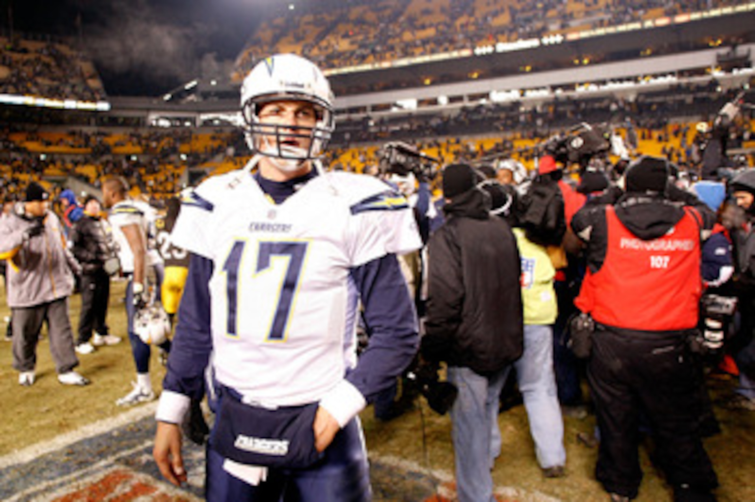 PITTSBURGH - JANUARY 11:  Philip Rivers #17 of the San Diego Chargers stands on the field dejected after they lost 35-24 against the Pittsburgh Steelers during their AFC Divisional Playoff Game on January 11, 2009 at Heinz Field in Pittsburgh, Pennsylvani