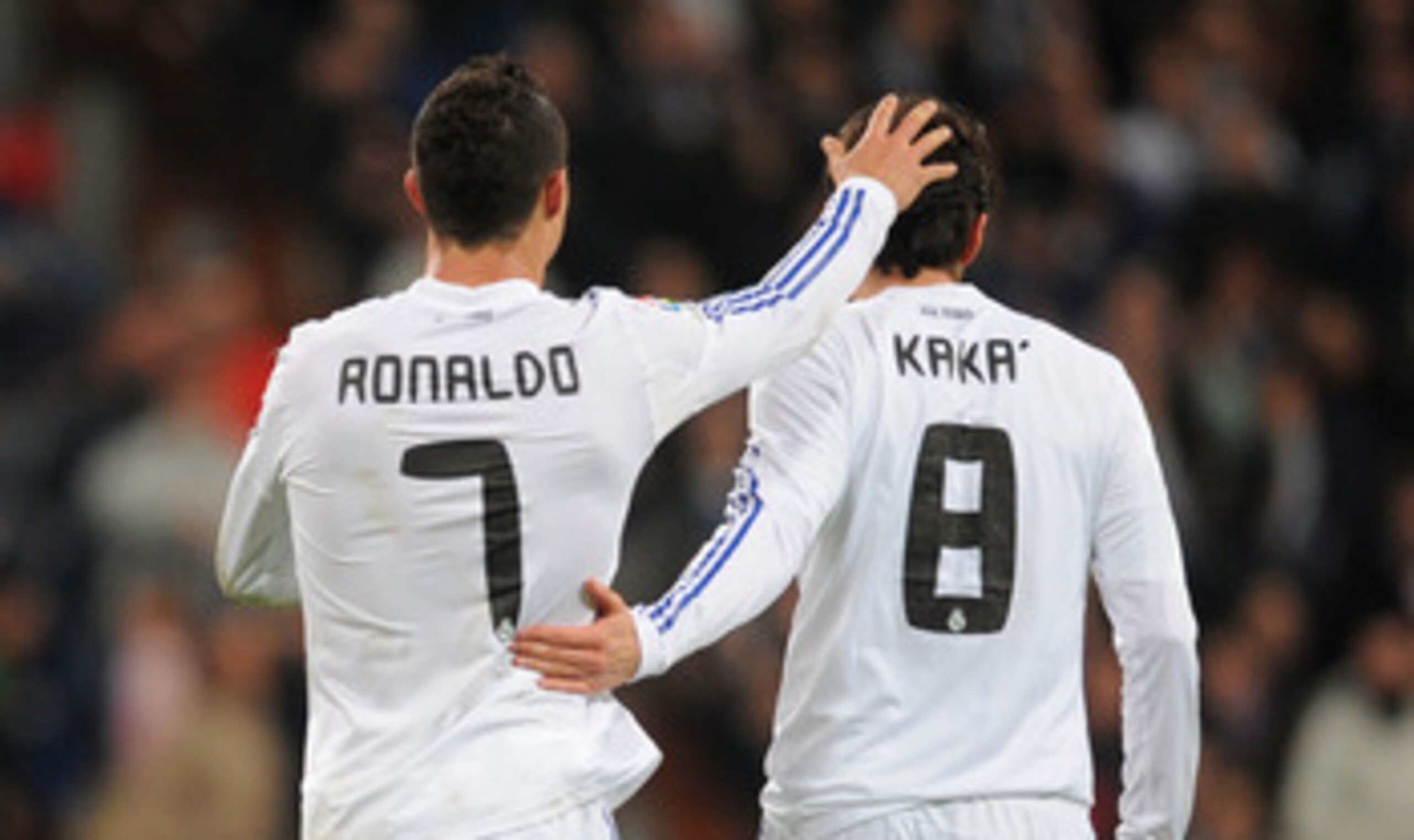 MADRID, SPAIN - JANUARY 09:  Cristiano Ronaldo of Real Madrid Kaka after scoring Real's third goal during the La Liga match between Real Madrid and Villarreal at Estadio Santiago Bernabeu on January 9, 2011 in Madrid, Spain.  (Photo by Denis Doyle/Getty I