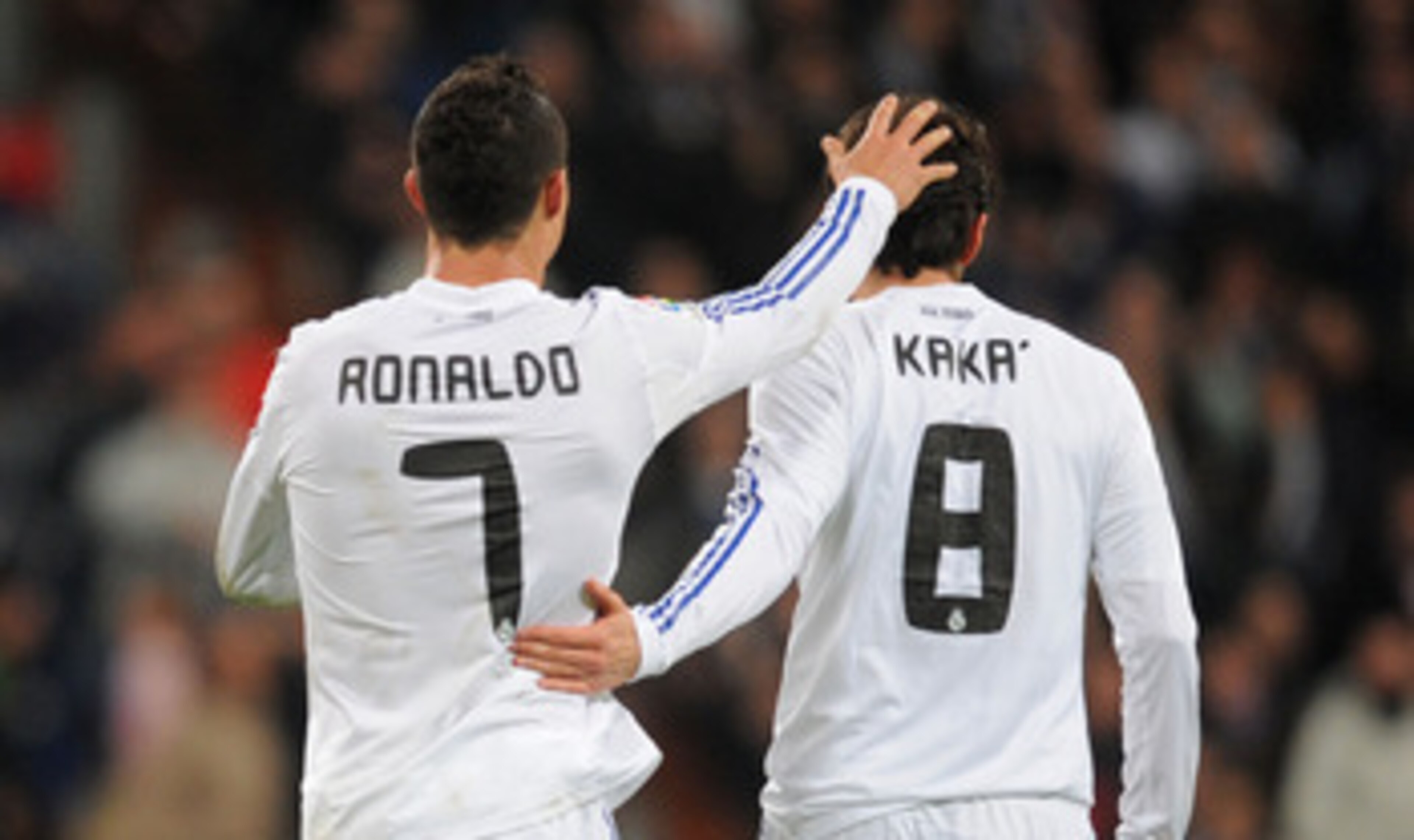 MADRID, SPAIN - JANUARY 09:  Cristiano Ronaldo of Real Madrid Kaka after scoring Real's third goal during the La Liga match between Real Madrid and Villarreal at Estadio Santiago Bernabeu on January 9, 2011 in Madrid, Spain.  (Photo by Denis Doyle/Getty I