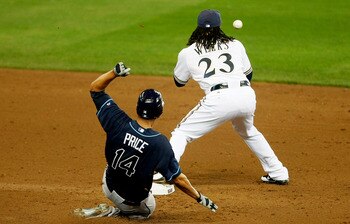MILWAUKEE, WI - JUNE 22: Rickie Weeks #23 of the Milwaukee Brewers catches the baseball for an out at second base as David Price #14 of the Tampa Bay Rays slides at Miller Park on June 22, 2011 in Milwaukee, Wisconsin. (Photo by Scott Boehm/Getty Images)