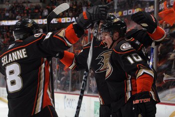 ANAHEIM, CA - APRIL 15: Corey Perry (R) #10 of the Anaheim Ducks celebrates a goal with Teemu Selanne #8 in the first period against the Nashville Predators in Game Two of the Western Conference Quarterfinals during the 2011 NHL Stanley Cup Playoffs at H ANAHEIM, CA - APRIL 15: Corey Perry (R) #10 of the Anaheim Ducks celebrates a goal with Teemu Selanne #8 in the first period against the Nashville Predators in Game Two of the Western Conference Quarterfinals during the 2011 NHL Stanley Cup Playoffs at H