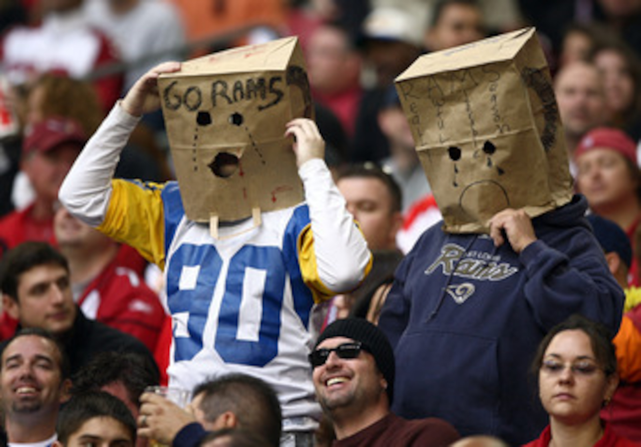 GLENDALE, AZ - DECEMBER 7:  Fans of the St. Louis Rams look on during their NFL Game on December 7, 2008 at the University of Phoenix Stadium in Glendale, Arizona. (Photo by Donald Miralle/Getty Images)