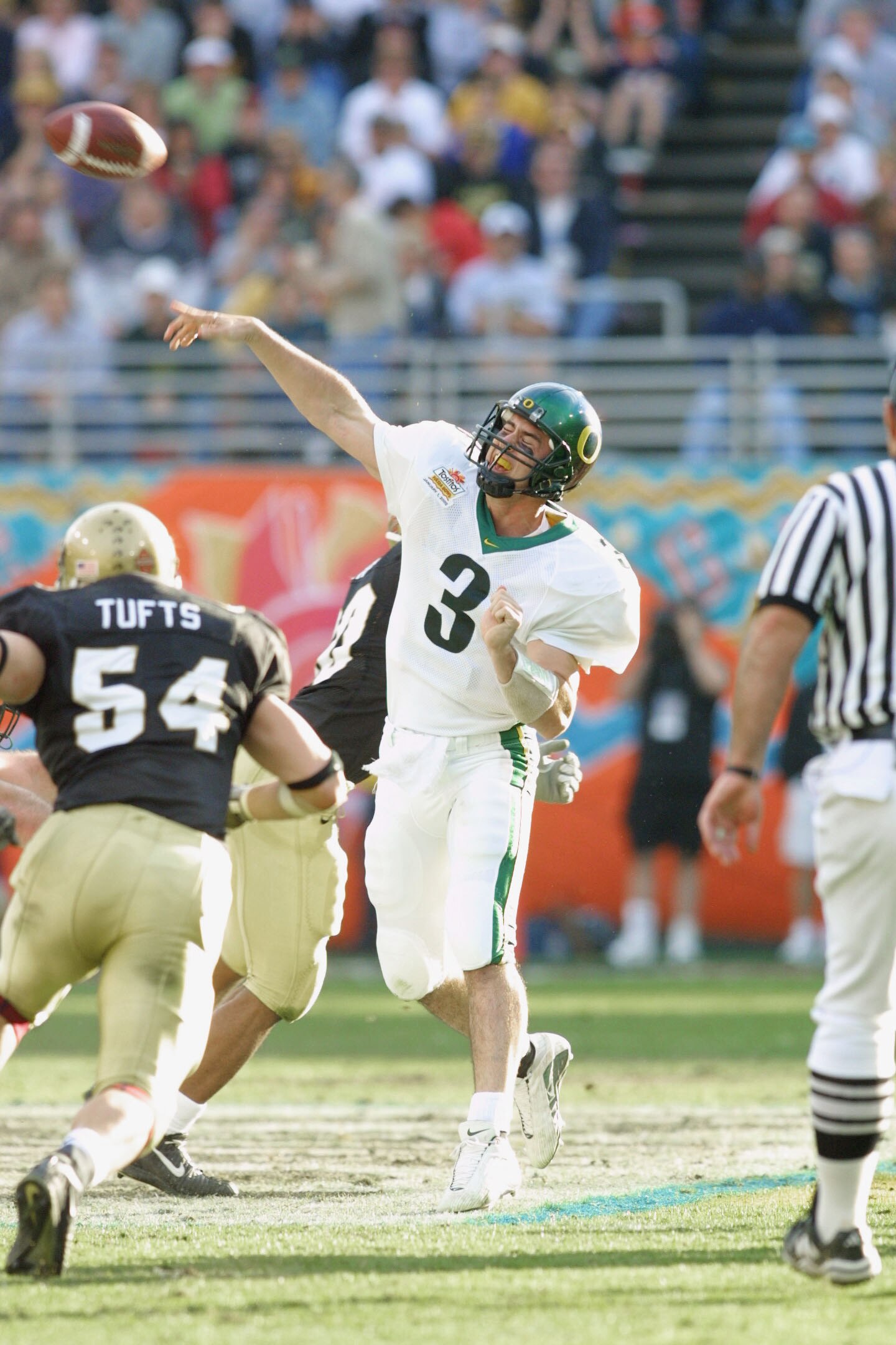 01 Jan 2002 : Joey Harrington #3 of Oregon delivers a pass during the game against Colorado at the  Fiesta Bowl at Sun Devil Stadium in Tempe, Arizona. The Oregon Ducks won 38-16. DIGITAL IMAGE. Mandatory Credit: Jeff Gross/Getty Images