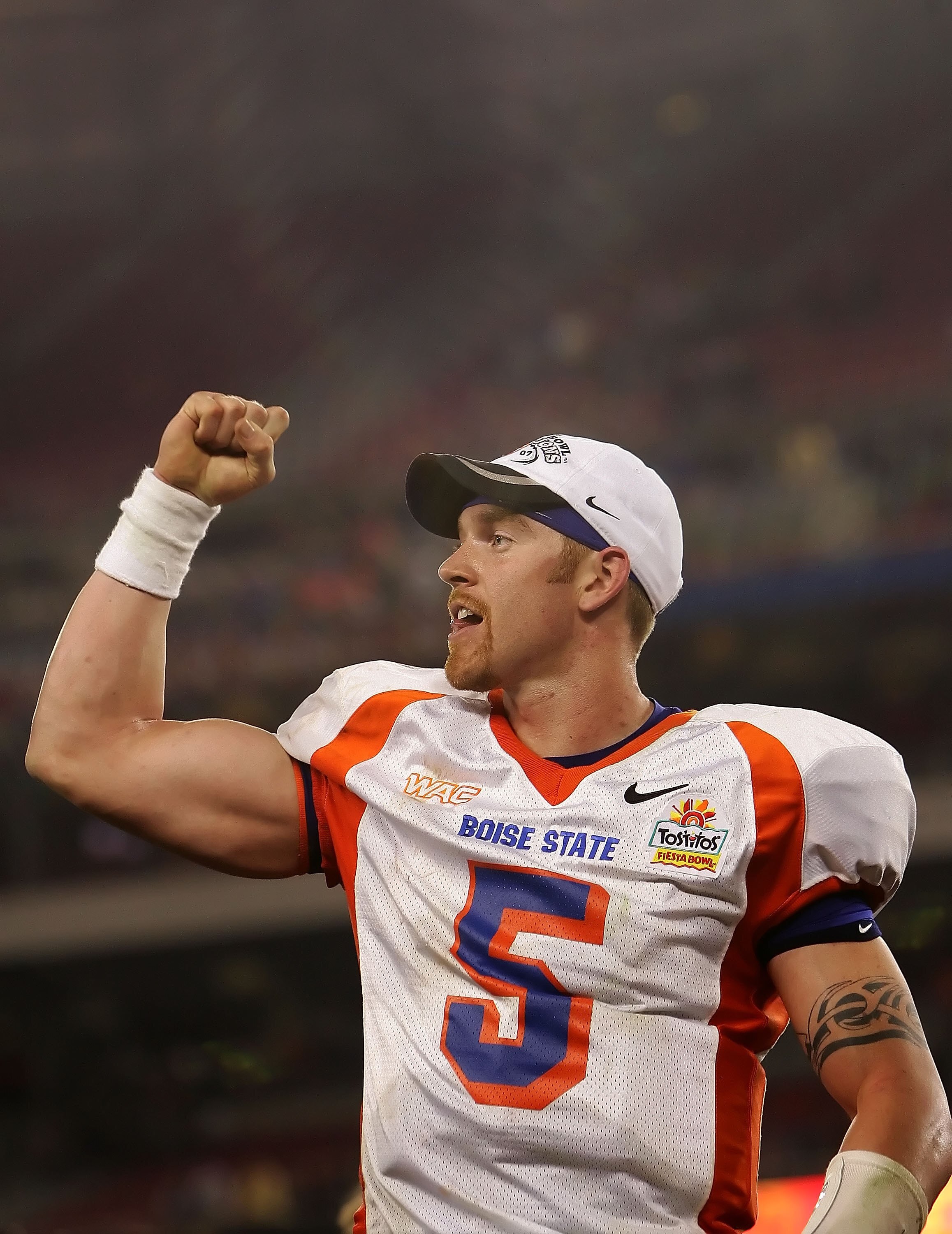 GLENDALE,  AZ - JANUARY 01:  Quarterback Jared Zabransky #5 of the Boise State Broncos celebrates after defeating the Oklahoma Sooners 43-42 at the Tostito's Fiesta Bowl at University of Phoenix Stadium on January 1, 2007 in Glendale, Arizona.  (Photo by