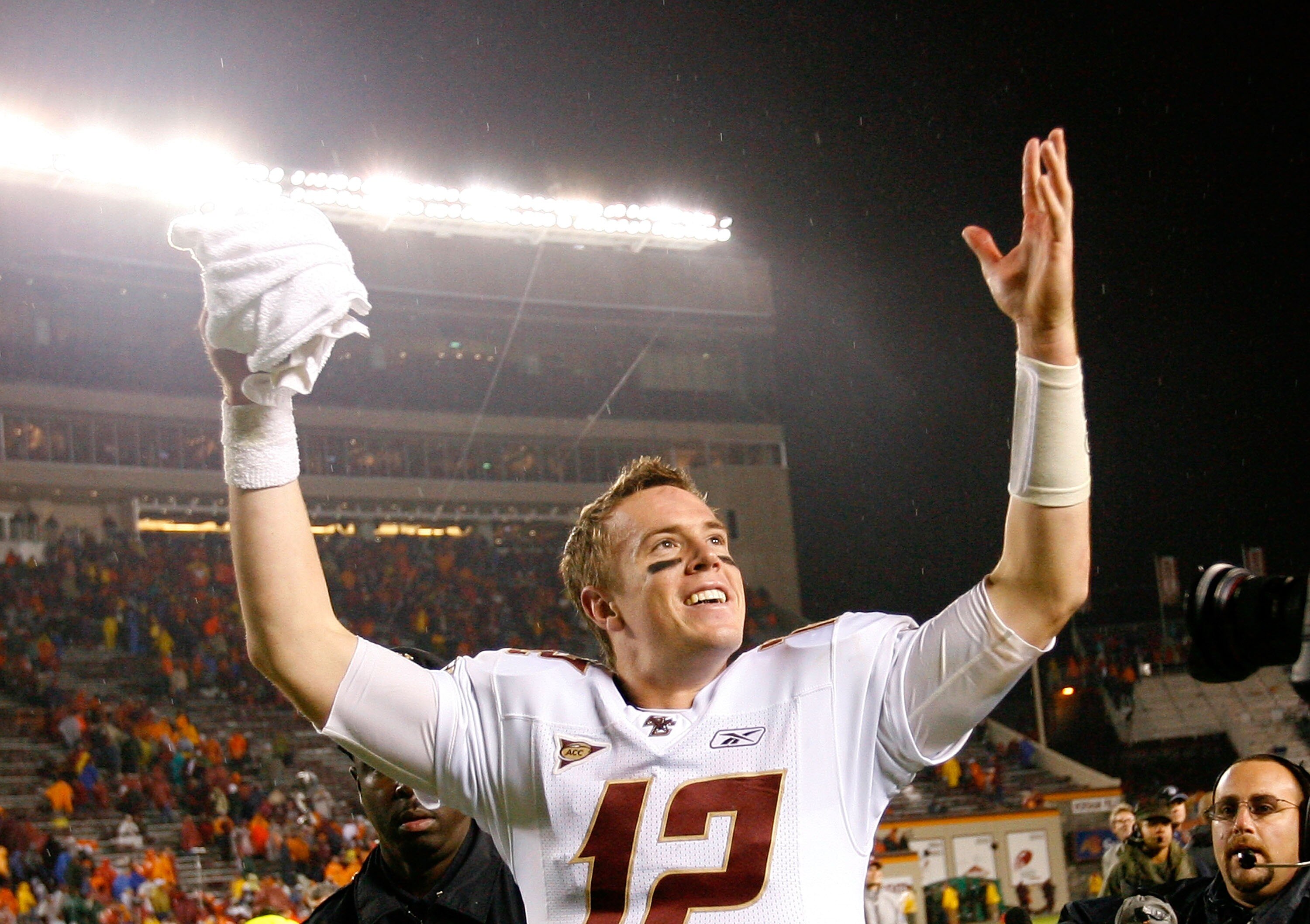 BLACKSBURG, VA - OCTOBER 25:  Quarterback Matt Ryan #12 of the Boston College Eagles celebrates towards the fans after their 14-10 win over the Virginia Tech Hokies in the final seconds of the game at Lane Stadium October 25, 2007 in Blacksburg, Virginia.