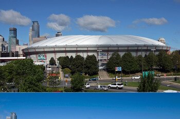 MINNEAPOLIS, MN - DECEMBER 12:  This photo composite shows Hubert H. Humphrey Metrodome, Mall of America Stadium before (above) and after it's inflatable roof collapsed under the weight of snow and during a storm Sunday morning December 12, 2010 in Minnea