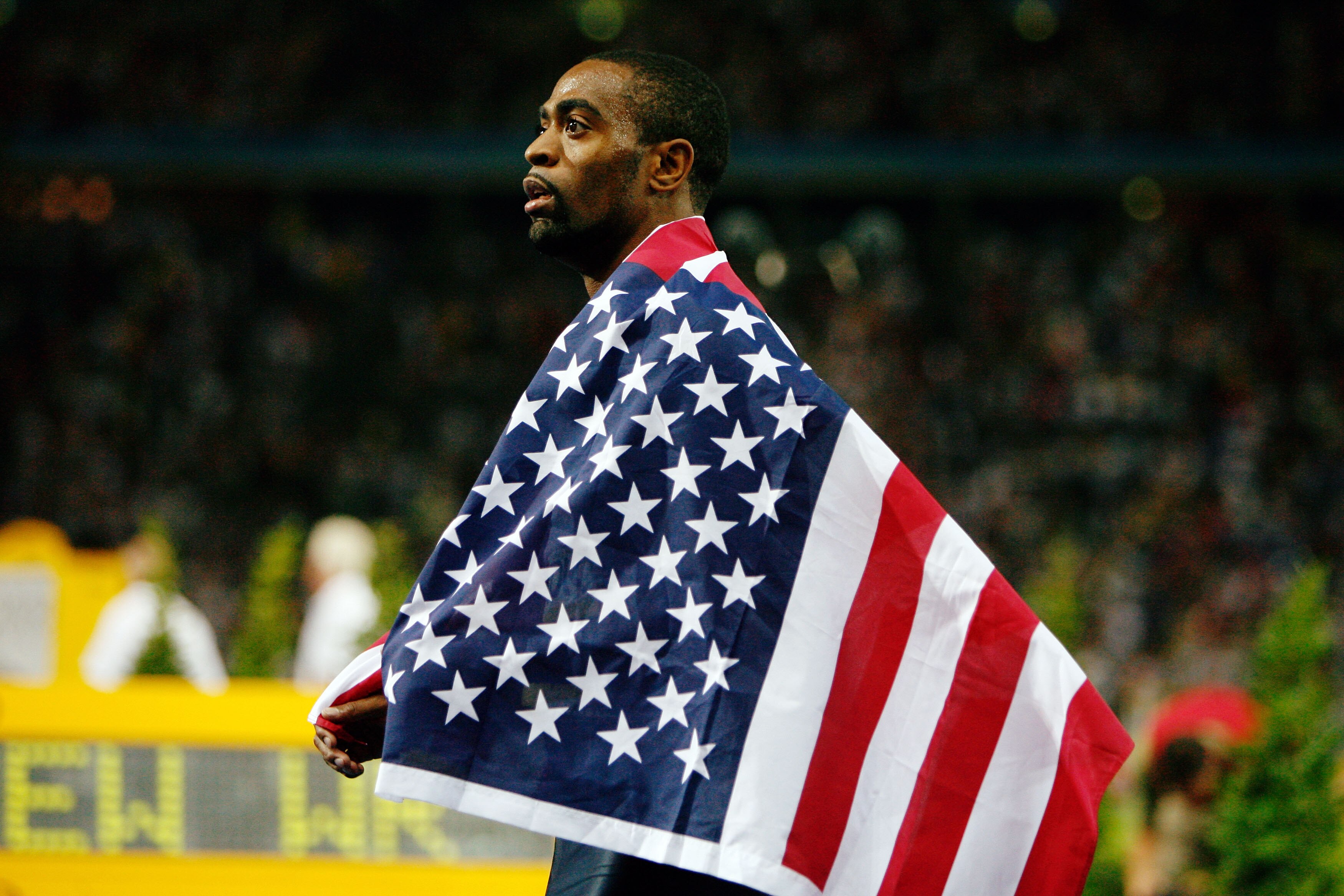 BERLIN - AUGUST 16: Tyson Gay of United States celebrates winning the silver medal in the men's 100 Metres Final during day two of the 12th IAAF World Athletics Championships at the Olympic Stadium on August 16, 2009 in Berlin, Germany.  (Photo by Andy Ly