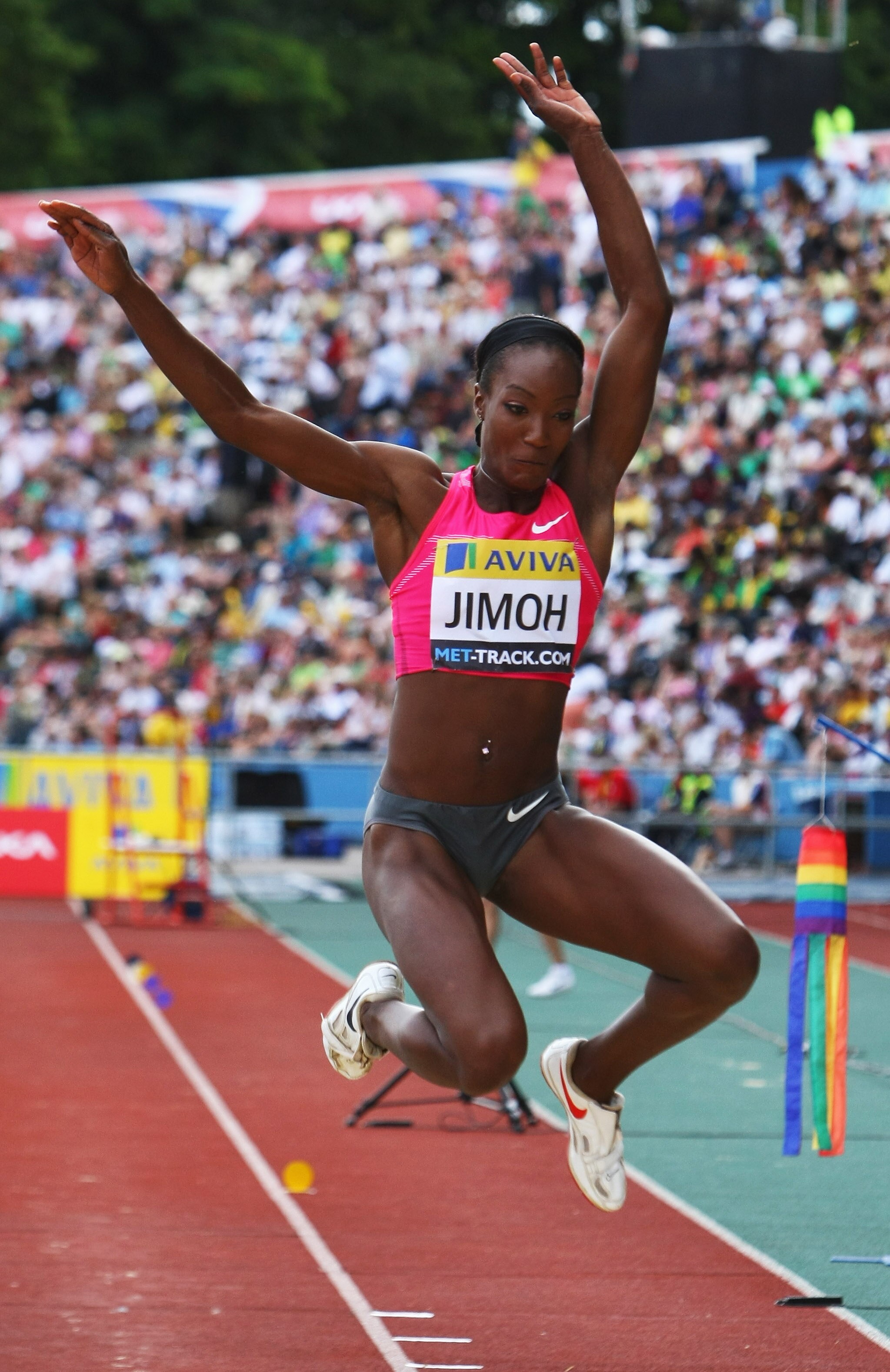 LONDON, ENGLAND - JULY 25:  Funmi Jimoh of USA competes in the Women's Long Jump during day two of the Aviva London Grand Prix track and field meeting at Crystal Palace Stadium on July 25, 2009 in London, England.  (Photo by John Gichigi/Getty Images)