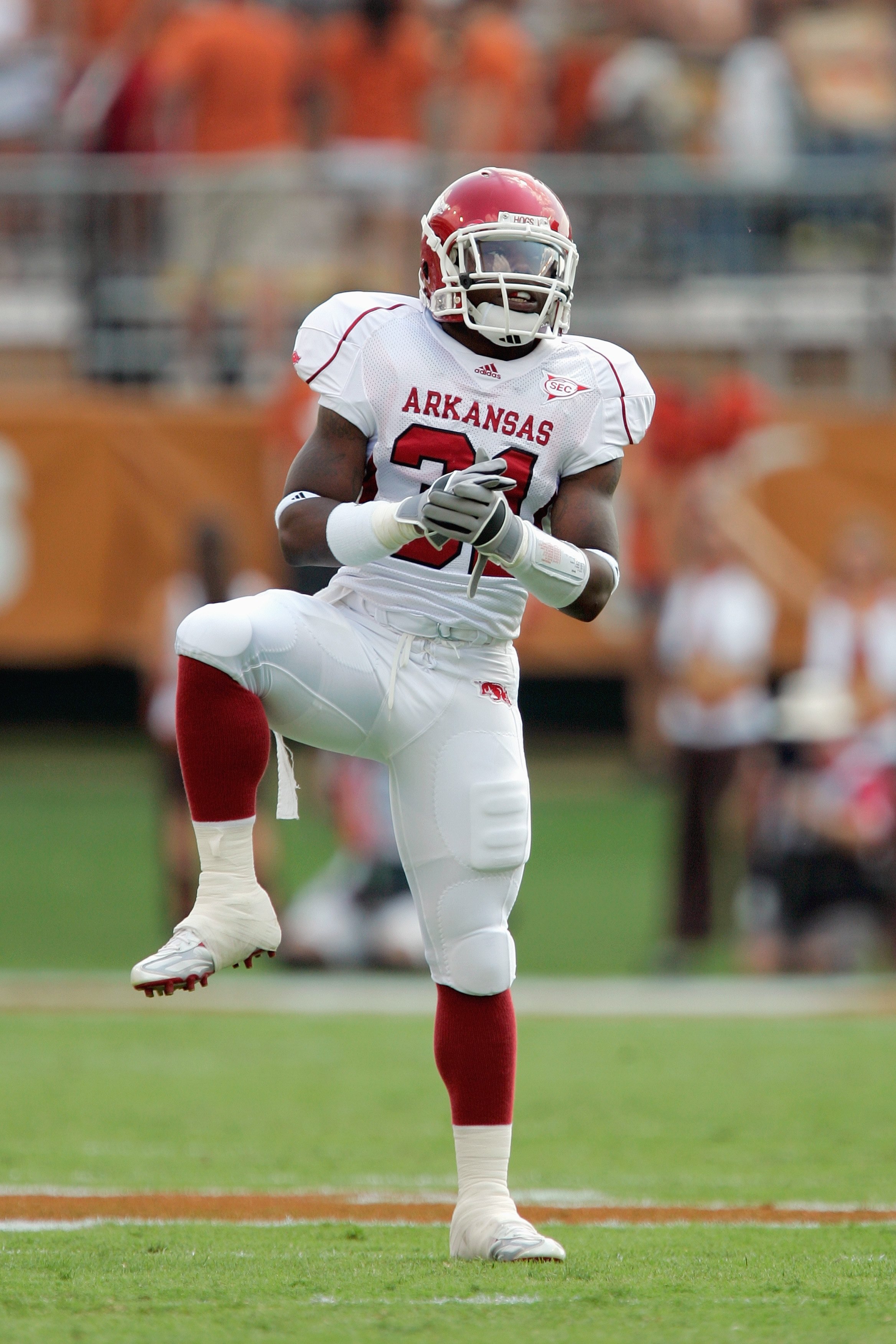 AUSTIN, TX - SEPTEMBER 27:  Jerico Nelson #31 of the Arkansas Razorbacks moves on the field during the game against the Texas Longhorns on September 27, 2008 at Darrell K Royal-Texas Memorial Stadium in Austin, Texas.  Texas won 52-10.  (Photo by Brian Ba