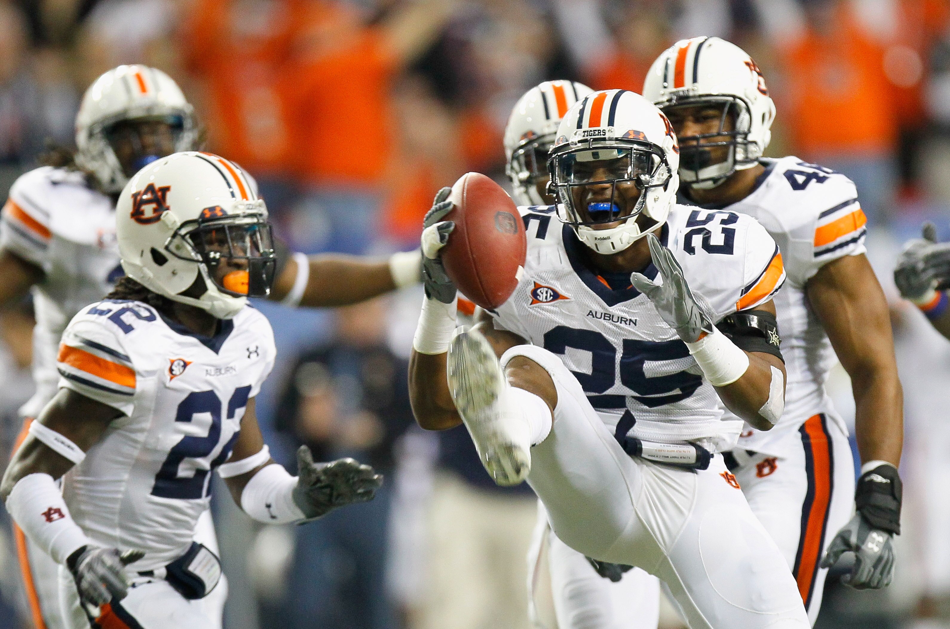 ATLANTA, GA - DECEMBER 04:  Daren Bates #25 of the Auburn Tigers reacts after intercepting a pass by the South Carolina Gamecocks during the 2010 SEC Championship at Georgia Dome on December 4, 2010 in Atlanta, Georgia.  (Photo by Kevin C. Cox/Getty Image