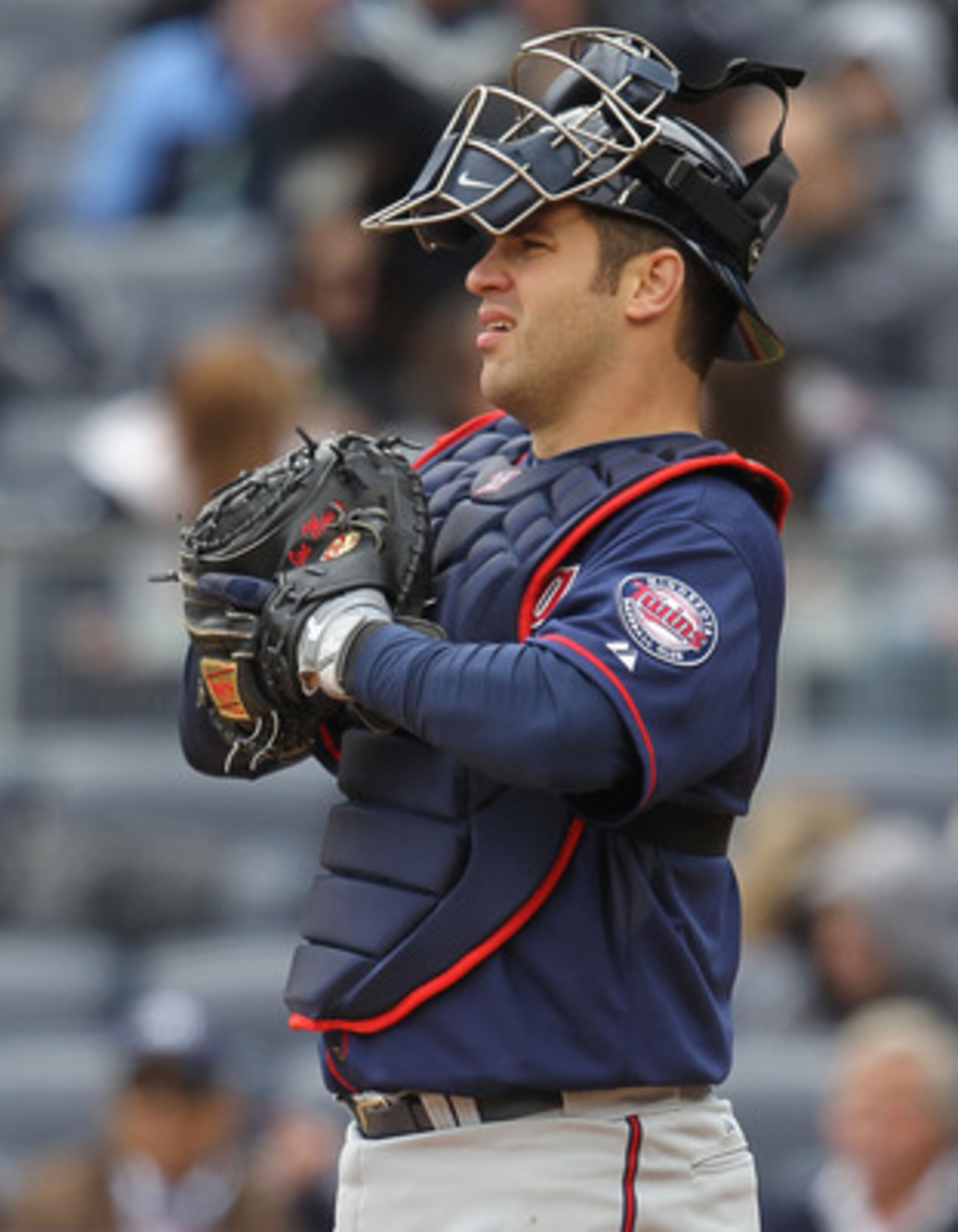 NEW YORK, NY - APRIL 07:  Joe Mauer #7 of the Minnesota Twins against New York Yankees at Yankee Stadium on April 7, 2011 in the Bronx borough of New York City.  (Photo by Nick Laham/Getty Images)
