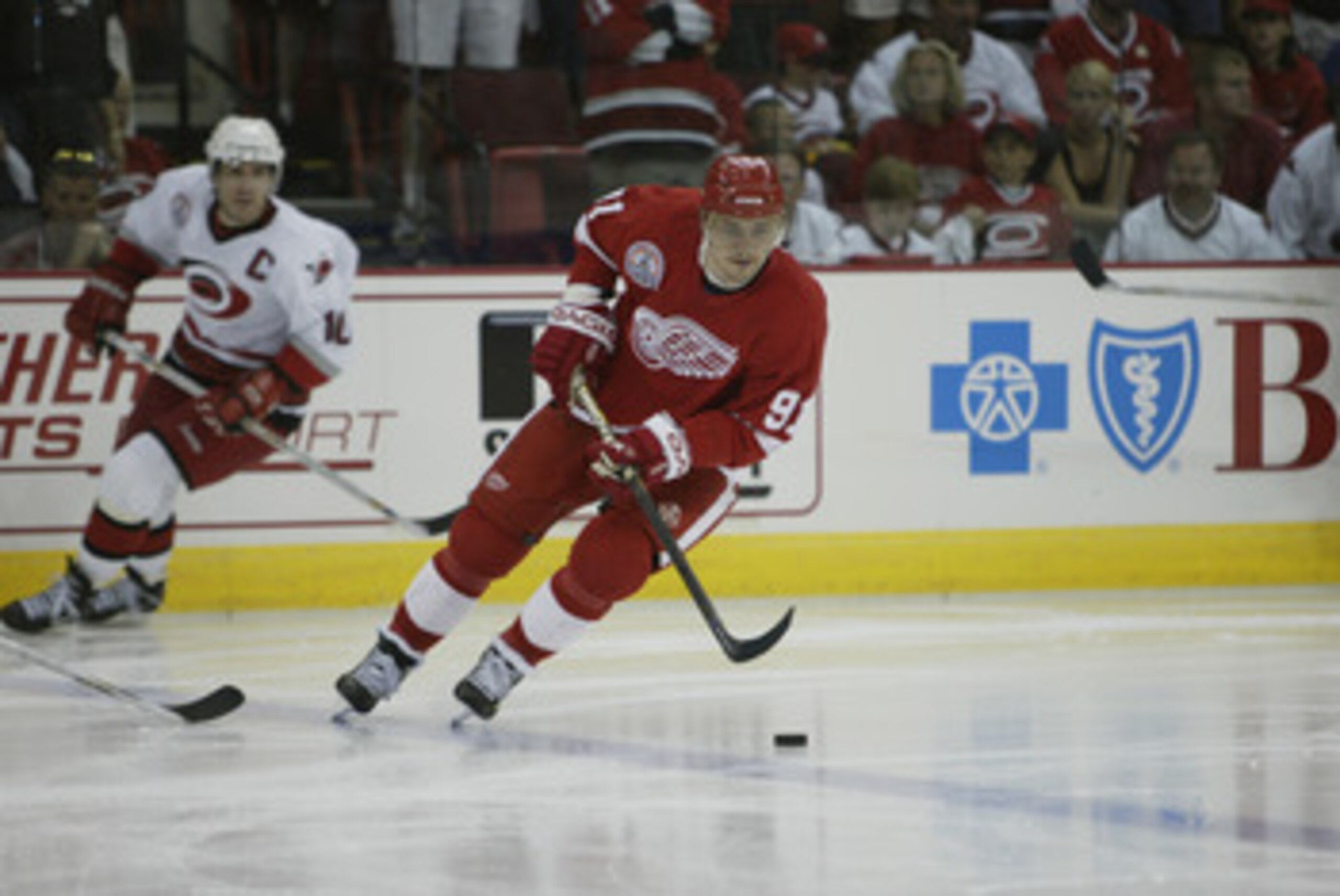 RALEIGH, NC - JUNE 8:  Center Sergei Fedorov #91 of the Detroit Red Wings looks to play the puck at the blueline against the Carolina Hurricanes during game three of the NHL Stanley Cup Finals at the Entertainment and Sports Arena in Raleigh, North Caroli