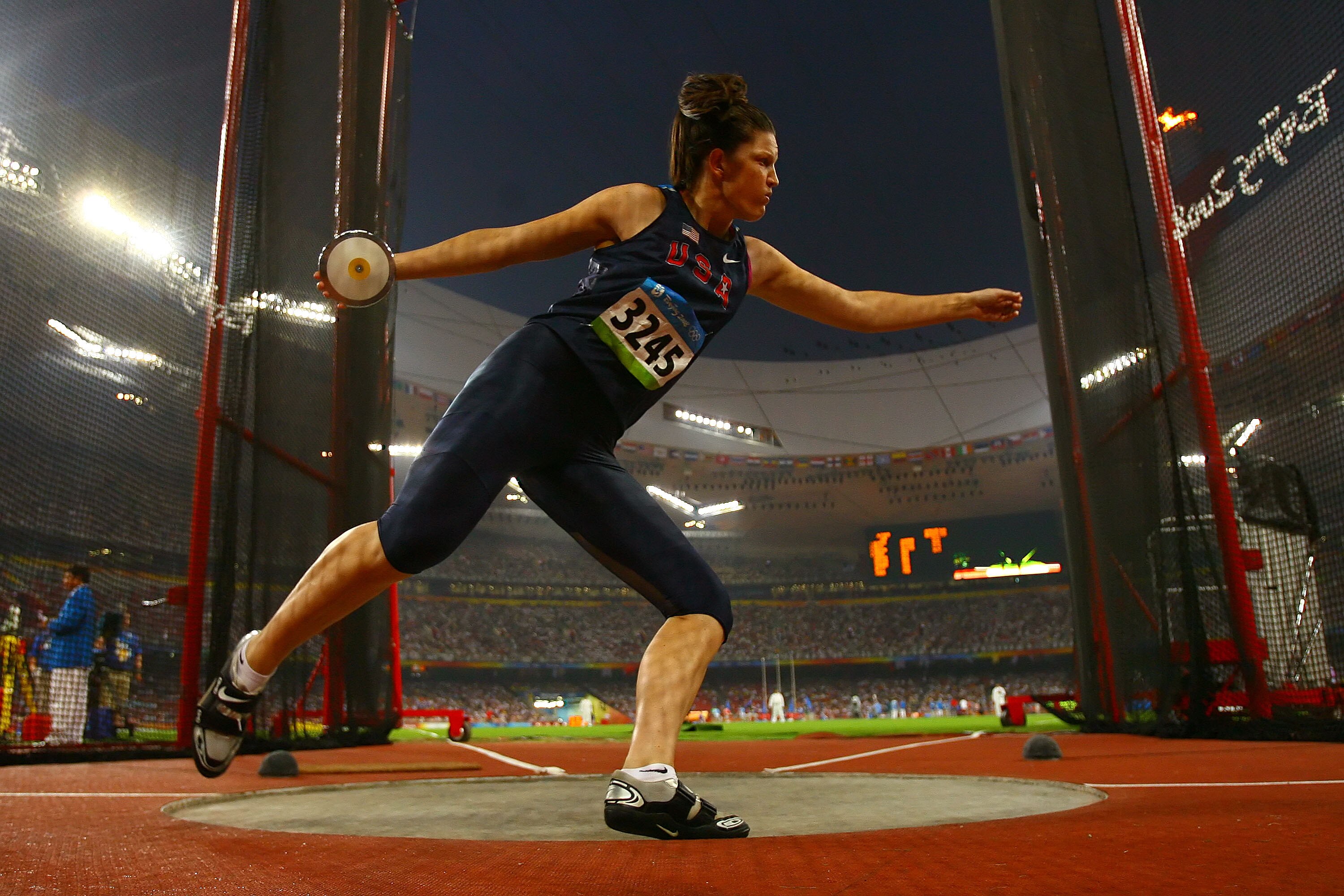 BEIJING - AUGUST 18:  Stephanie Brown Trafton of the United States competes in the Women's Discus Final at the National Stadium on Day 10 of the Beijing 2008 Olympic Games on August 18, 2008 in Beijing, China.  (Photo by Stu Forster/Getty Images)