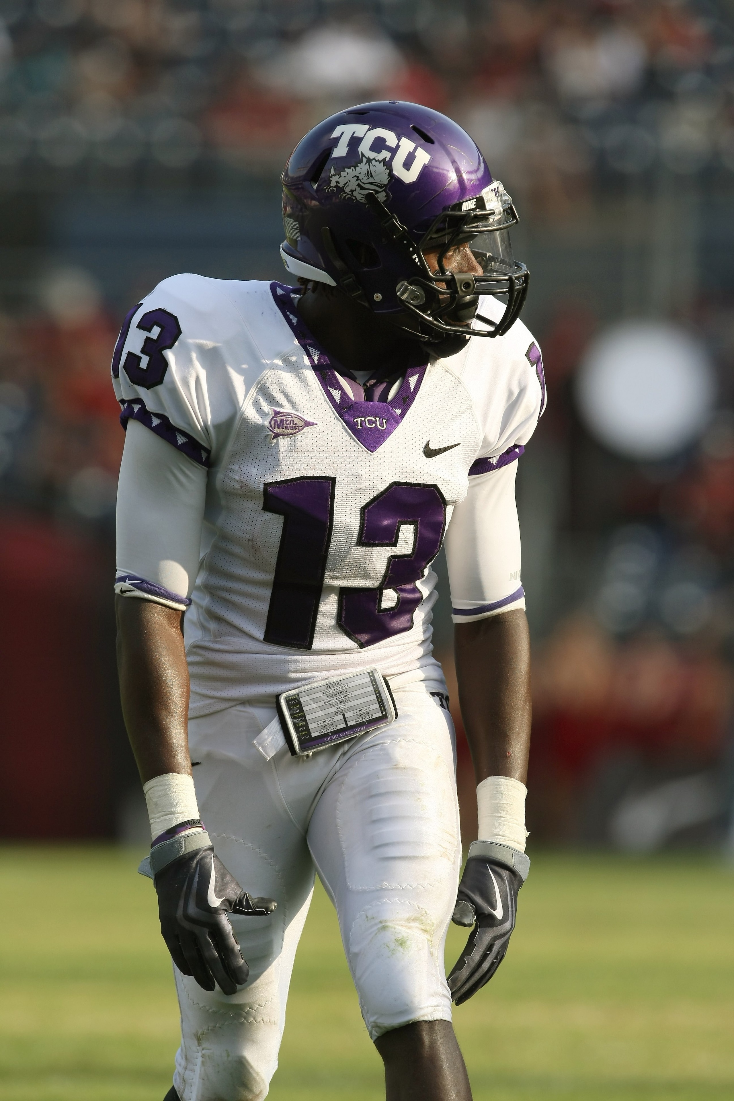 SAN DIEGO - NOVEMBER 07:  Wide receiverAntoine Hicks #13 of the Texas Christian University Horned Frogs sets on the line of scrimmage against the San Diego State Aztecs on November 7, 2009 at Qualcomm Stadium in San Diego, California. TCU  won 55-12.  (Ph