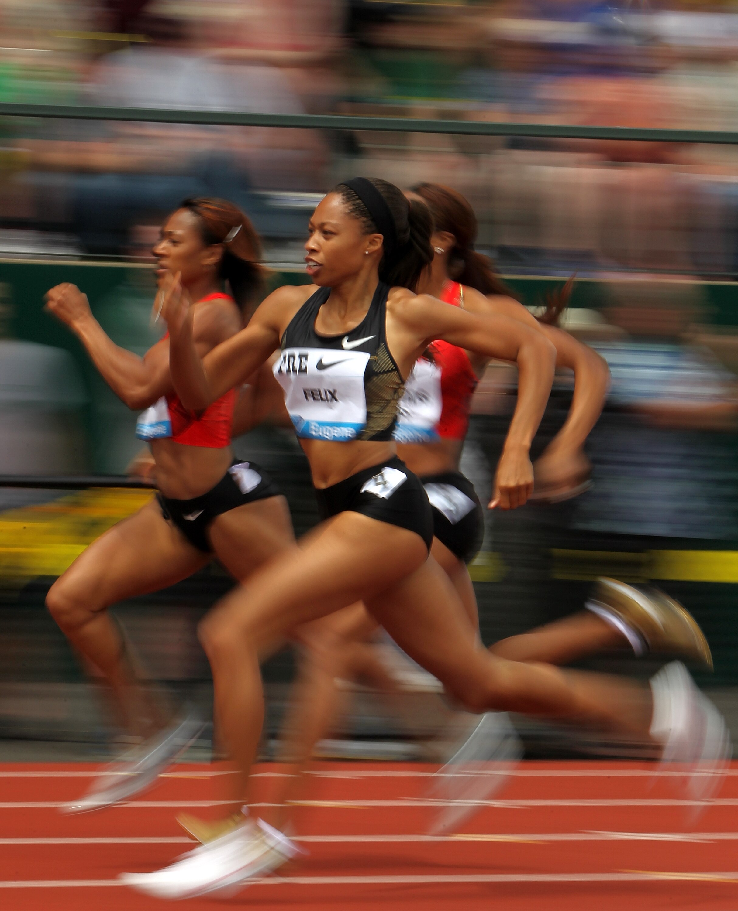 EUGENE, OR - JUNE 04:  Allyson Felix of the United States runs in the 400m race during the IAAF Diamond League Prefontaine Classic June 4, 2011 at the Hayward Field in Eugene, Oregon.  (Photo by Jonathan Ferrey/Getty Images)