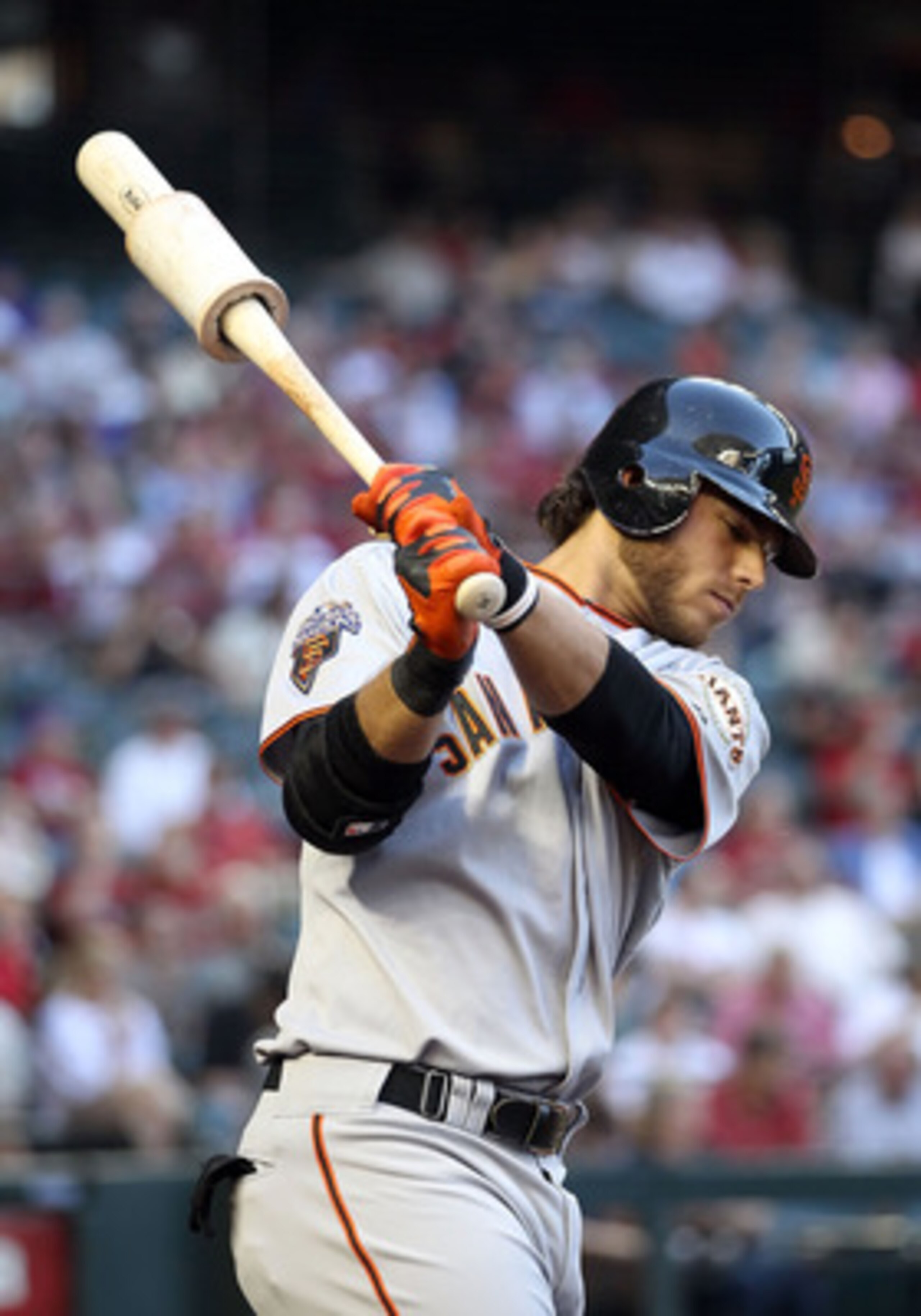 PHOENIX, AZ - JUNE 14:  Brandon Crawford #35 of the San Francisco Giants warms up on deck during the Major League Baseball game against the Arizona Diamondbacks at Chase Field on June 14, 2011 in Phoenix, Arizona.  (Photo by Christian Petersen/Getty Image