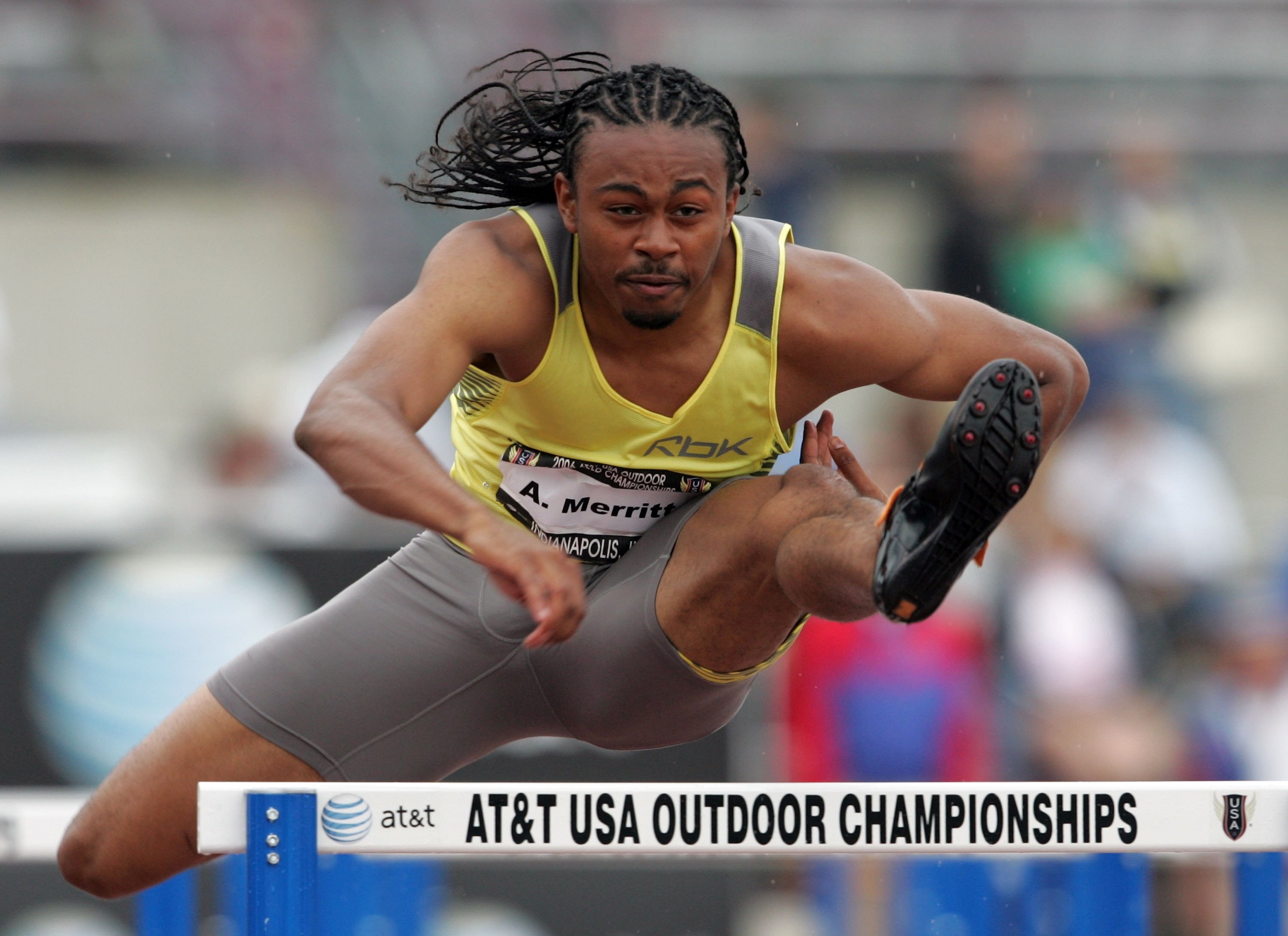 INDIANAPOLIS - JUNE 25:  Aries Merritt  competes in the men's 110 meter hurdle semi-final on the fourth day of the AT&T USA Outdoor Track and Field Championships at Indiana University Track and Field Stadium on June 25, 2006 in Indianapolis, Indiana.  (Ph