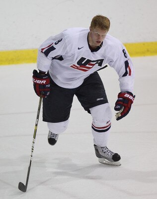 LAKE PLACID, NY - AUGUST 03: Phillip Samuelsson #8 of Team USA skates against Team Sweden at the USA Hockey National Evaluation Camp on August 3, 2010 in Lake Placid, New York. Team USA defeated Team Sweden 6-3. (Photo by Bruce Bennett/Getty Images)