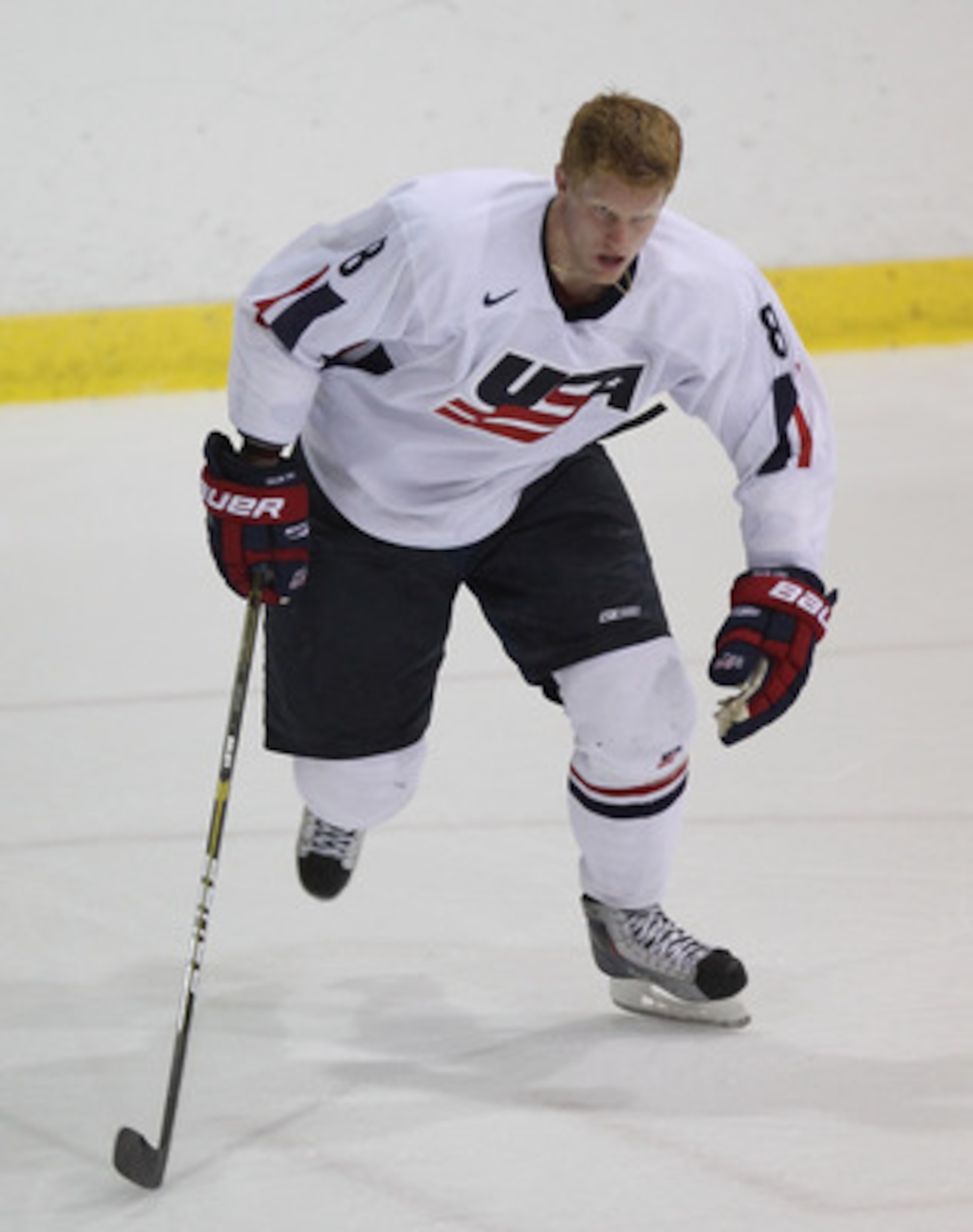 LAKE PLACID, NY - AUGUST 03: Phillip Samuelsson #8 of Team USA skates against Team Sweden at the USA Hockey National Evaluation Camp on August 3, 2010 in Lake Placid, New York. Team USA defeated Team Sweden 6-3. (Photo by Bruce Bennett/Getty Images)