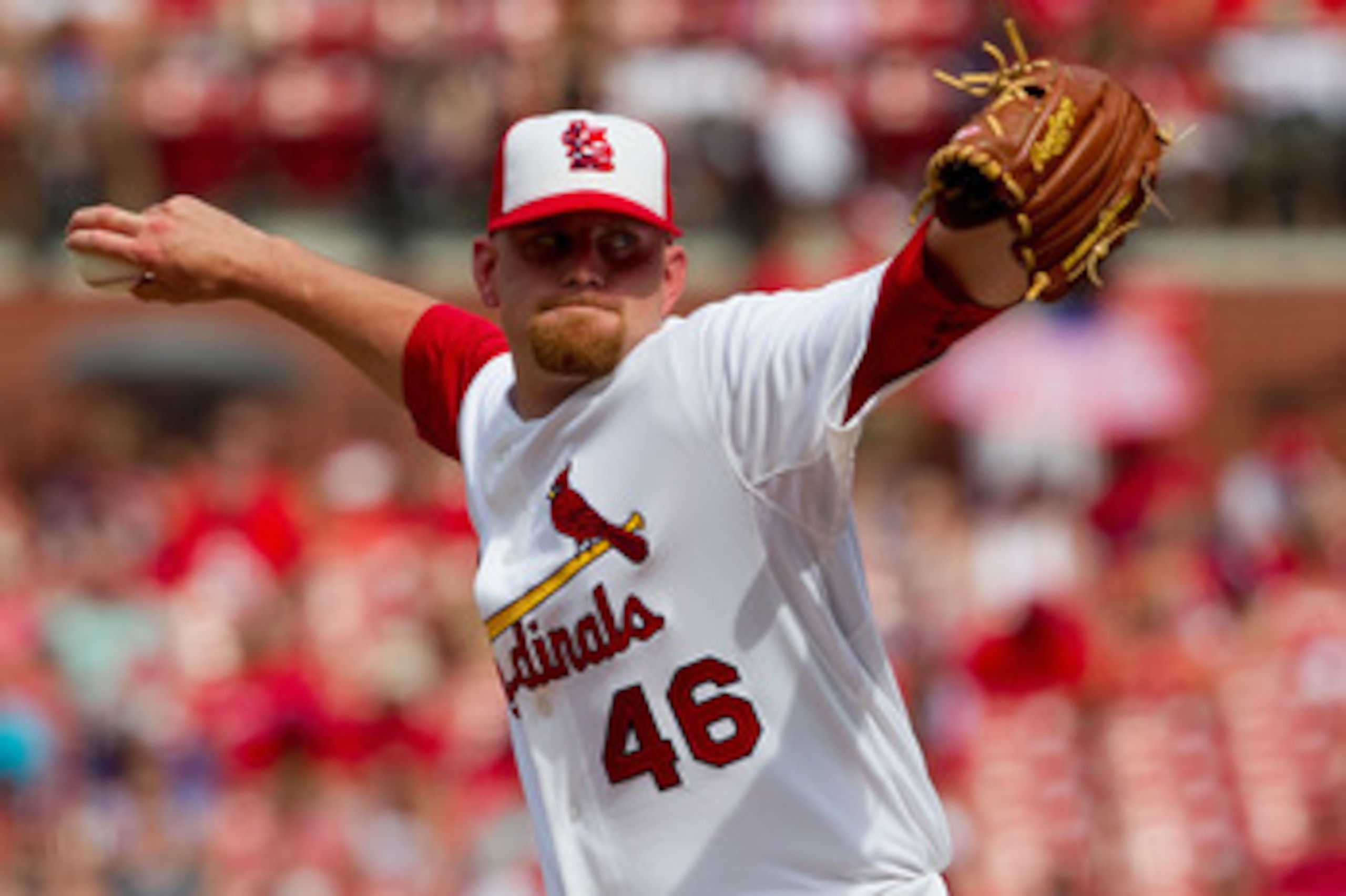 ST. LOUIS, MO - MAY 30:  Starter Kyle McClellan #46 of the St. Louis Cardinals pitches against the San Francisco Giants at Busch Stadium on May 30, 2011 in St. Louis, Missouri.  (Photo by Dilip Vishwanat/Getty Images)